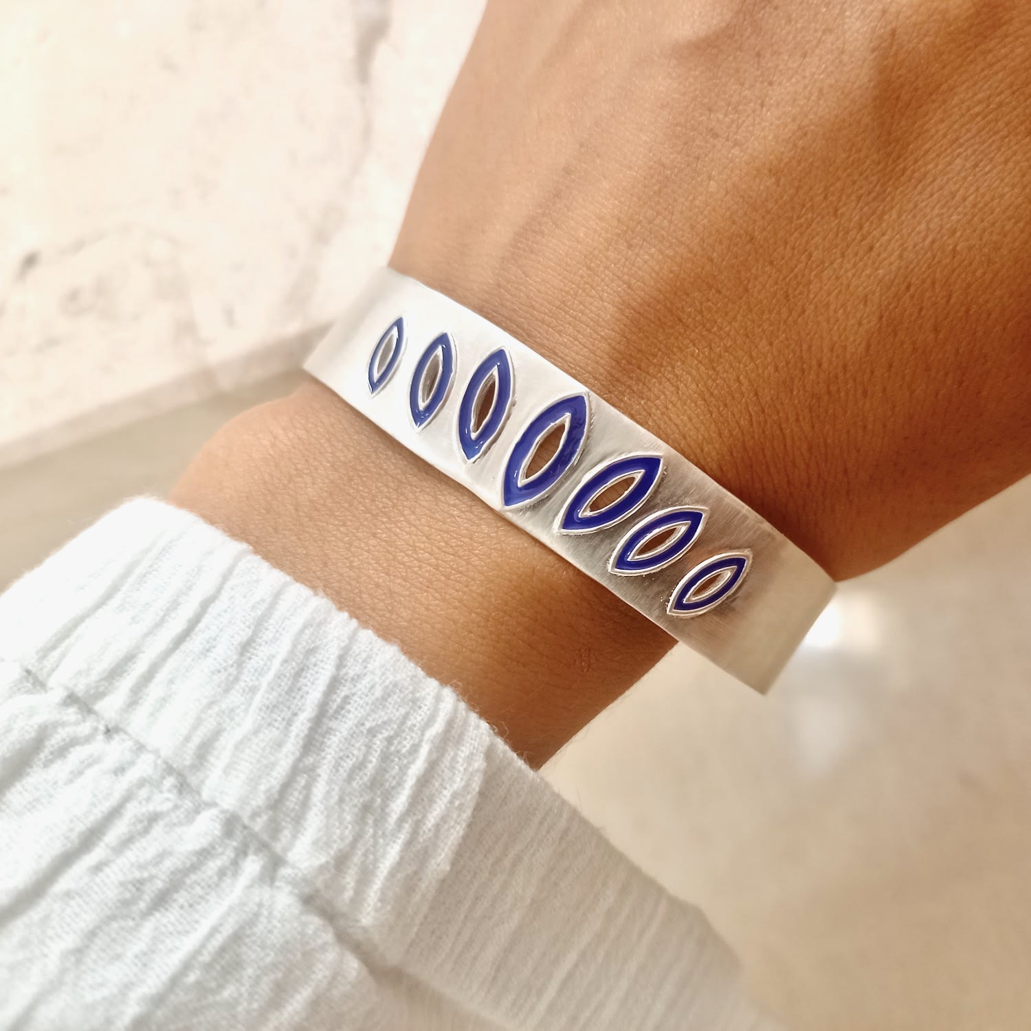 Peacock Cuff Bracelet - Sterling Silver & Indigo Blue Enamel