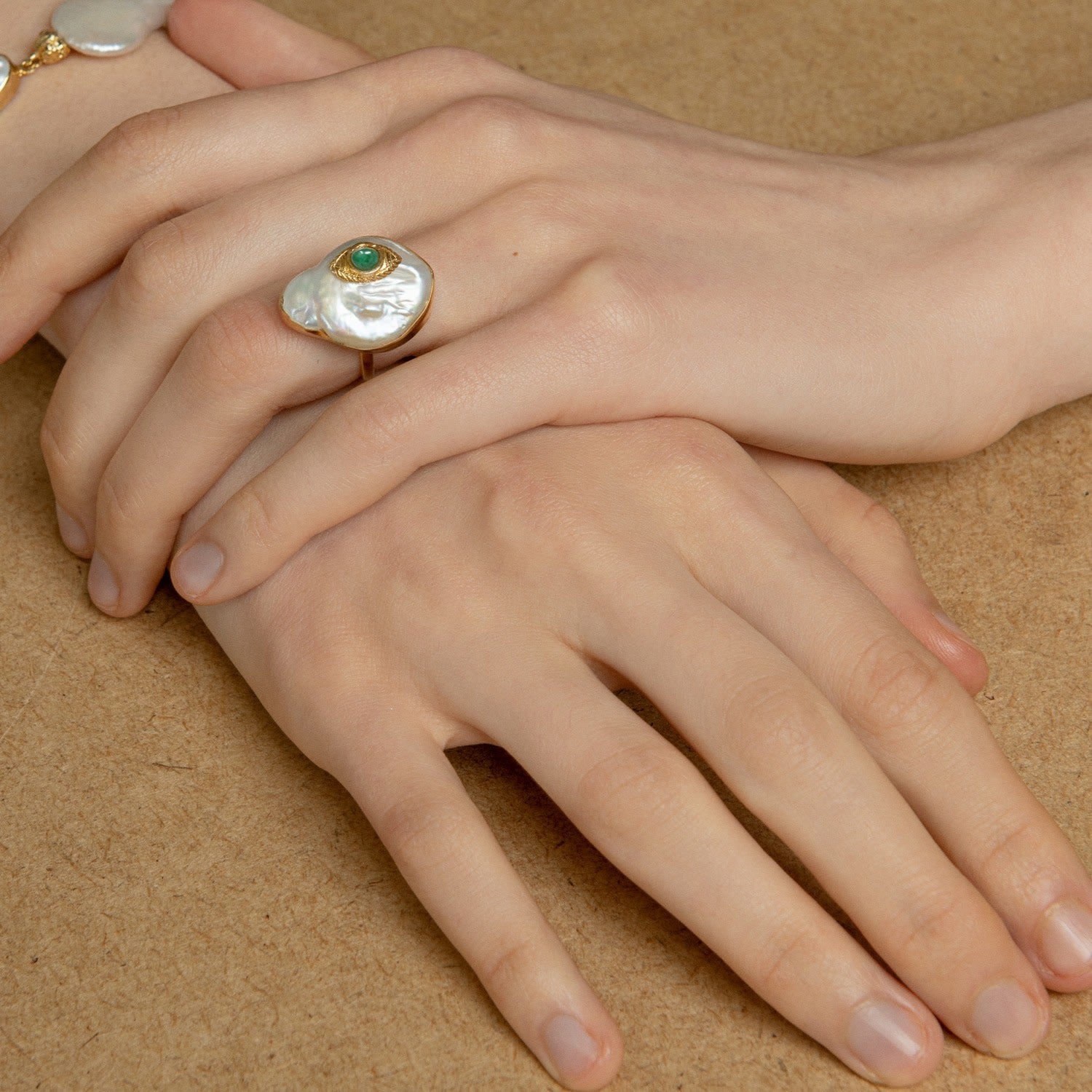 The Eye Gold-Plated Emerald & Pearl Ring