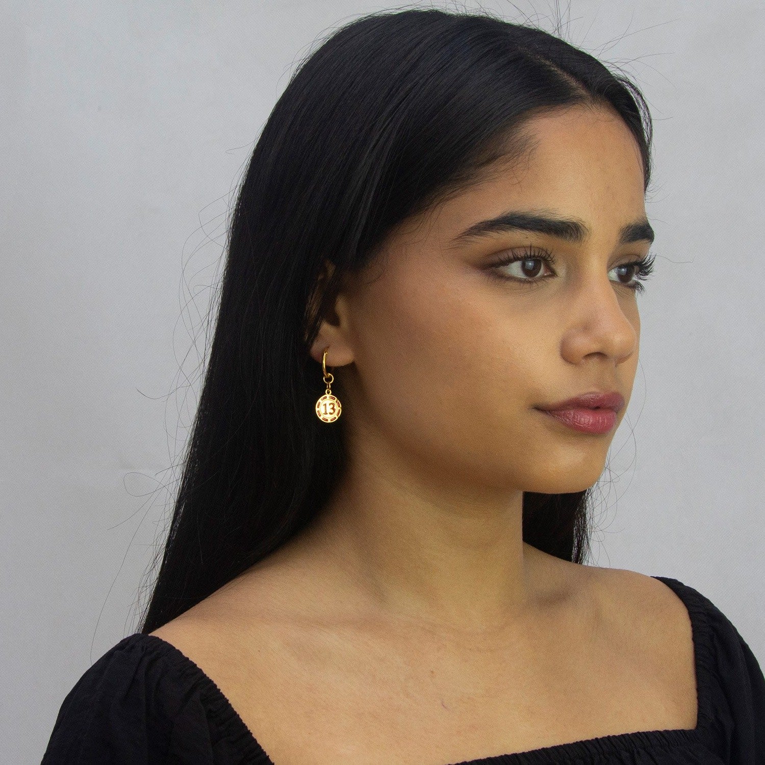 Red Enamel & 18Kt Gold Plated 13 Poker Chip Mini Charm On Gold Plated Hoop Earring