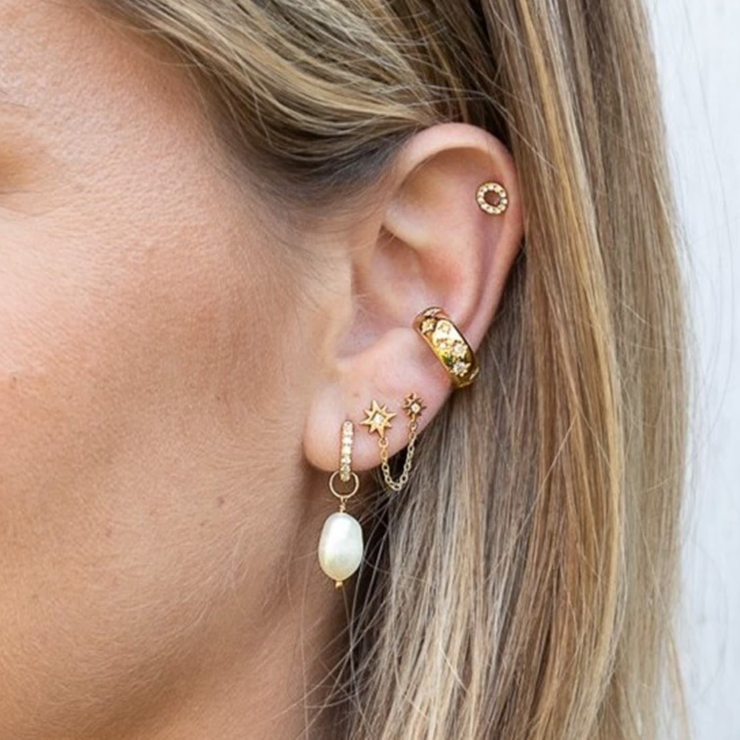 Gold Sparkle Huggie Earrings With Baroque Pearls