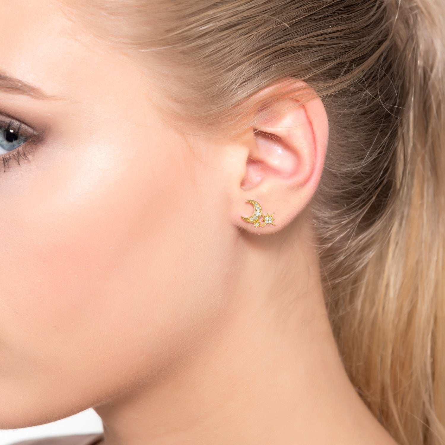 Moon & Starburst Small Stud Earrings Silver