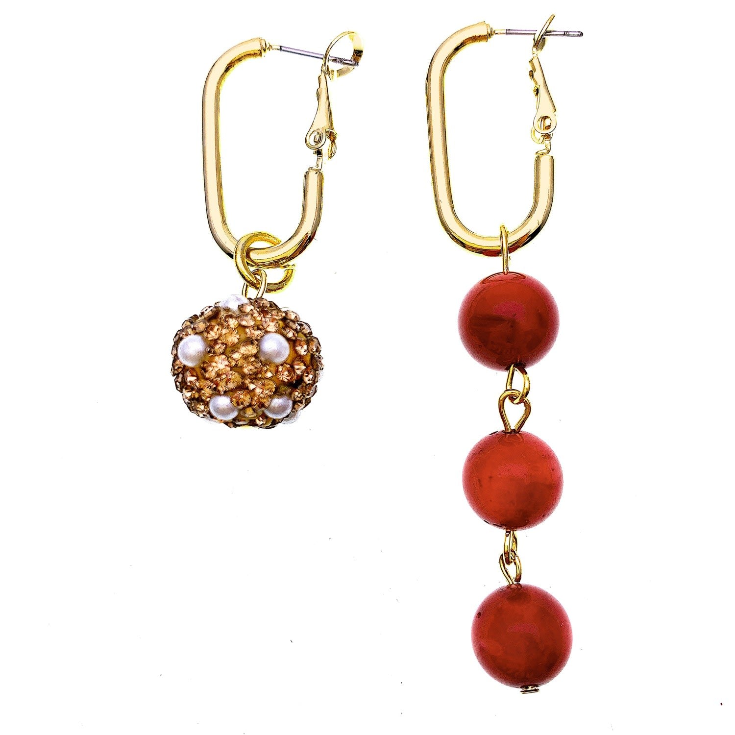 Red Coral With Rhinestones Bordered Pearls Asymmetric Earrings