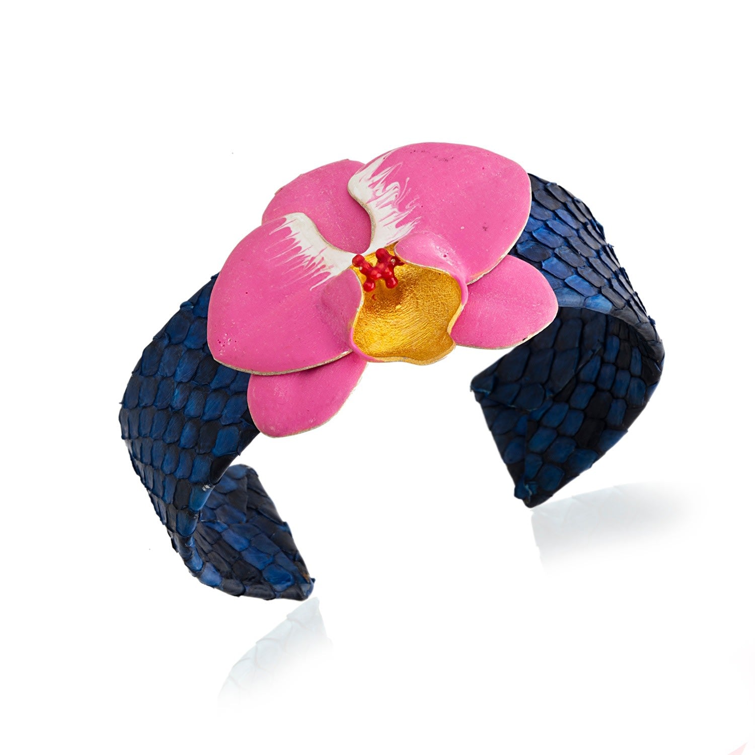 Fuchsia Pink Orchid Flower Blue Leather Cuff Bracelet