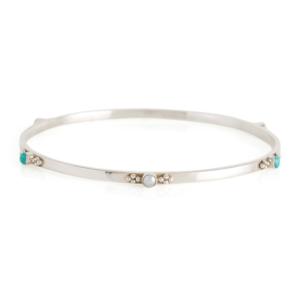 Rajput Serenity Silver Stacking Bangle - Turquoise & Pearl