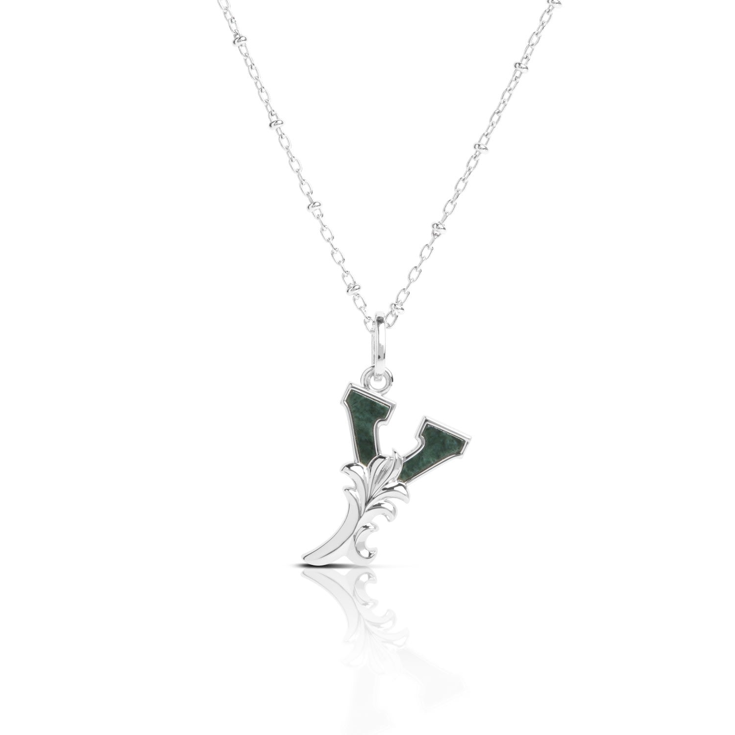 Solid Silver Y Initial Necklace With Green Marble