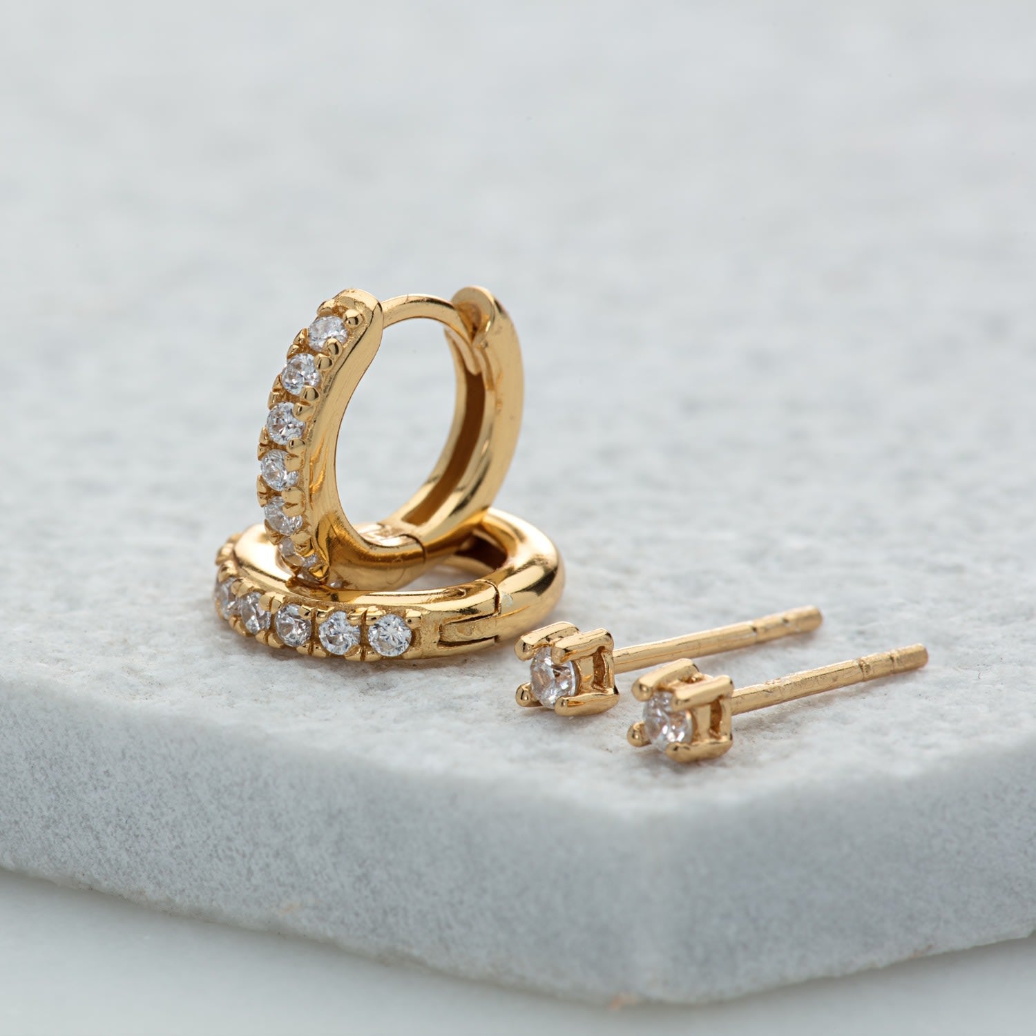 Gold Sparkle Huggie & Tiny Stud Set Of Earrings