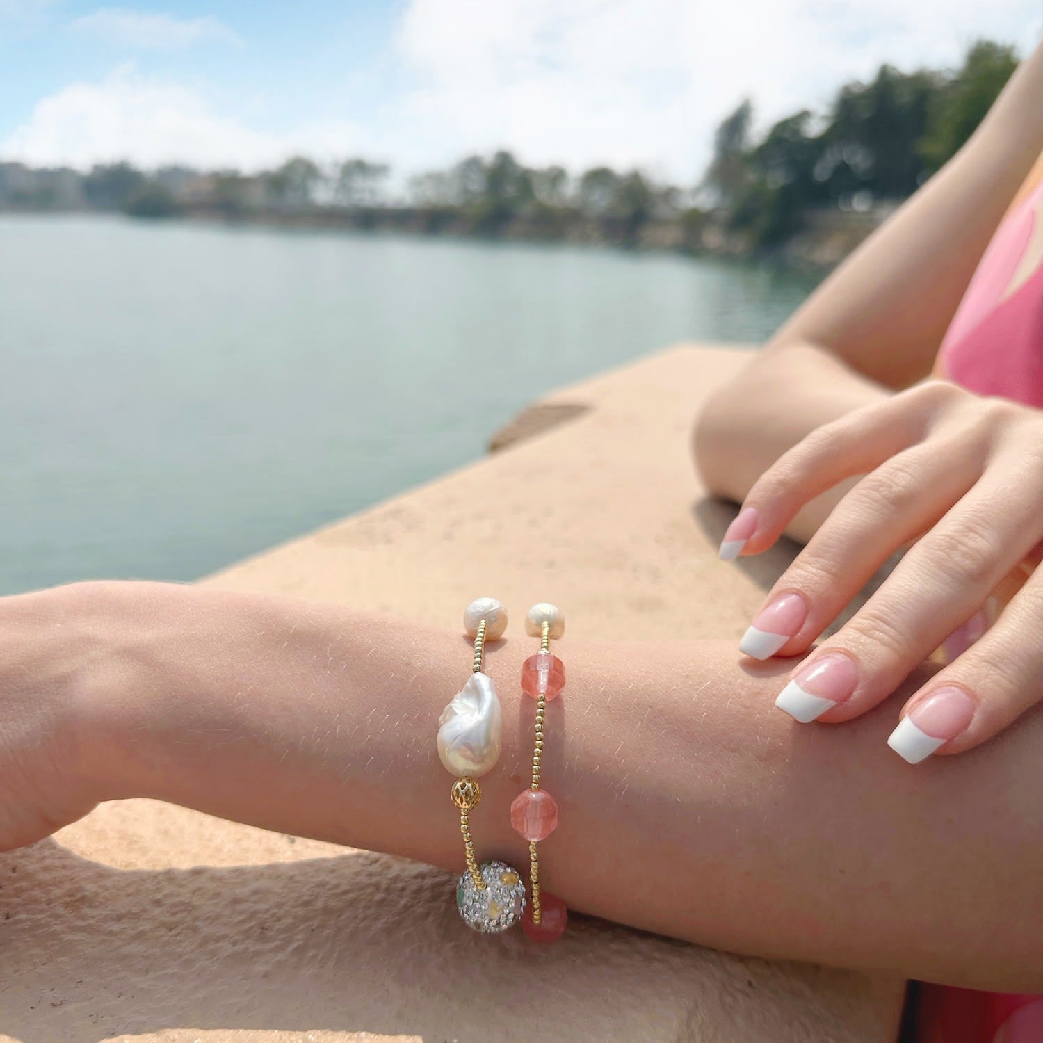 Watermelon Quartz & Freshwater Pearls Double Wrapped Bracelet