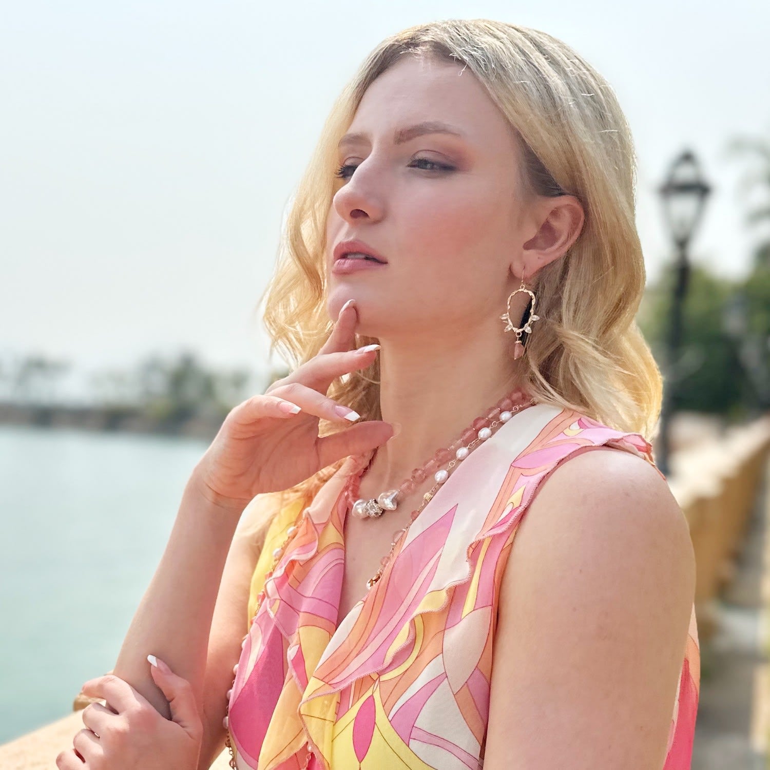 Watermelon Quartz With Baroque Pearls Statement Necklace