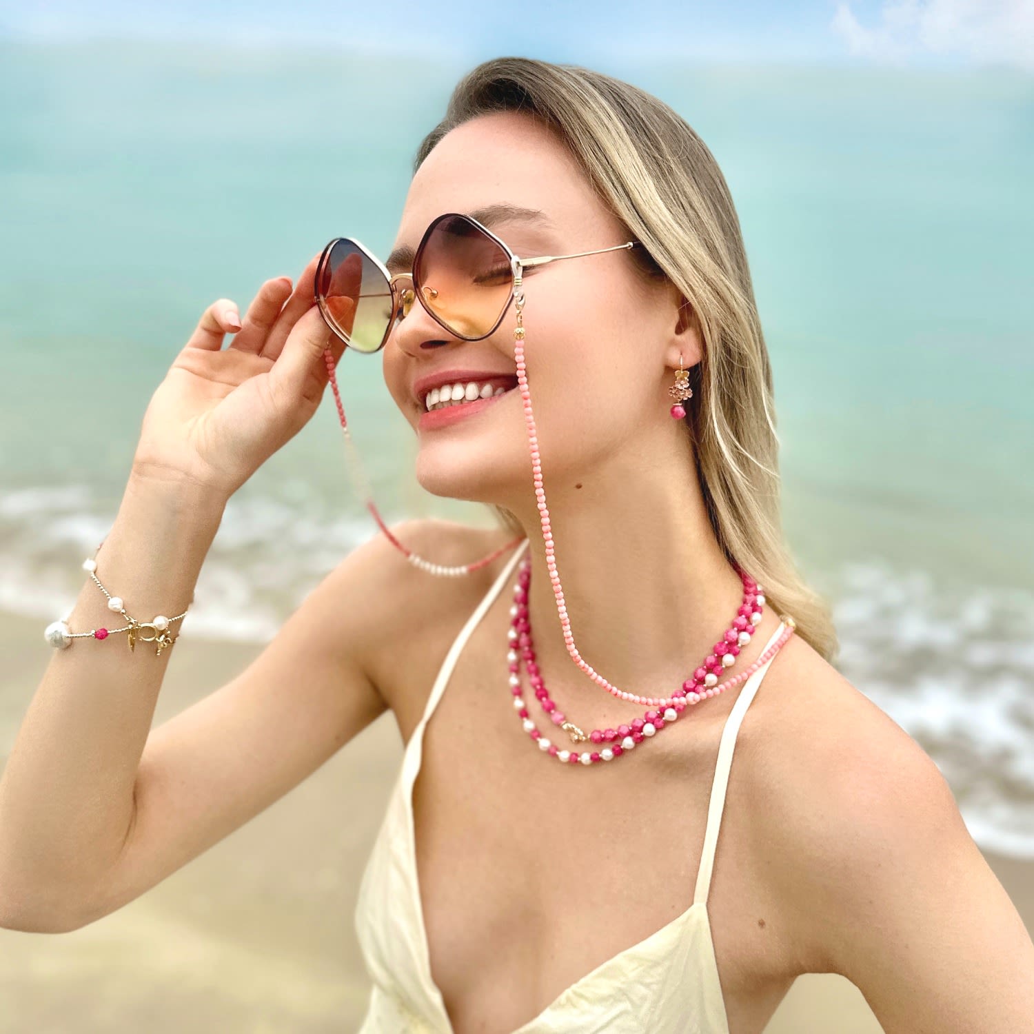 Watermelon Quartz With Freshwater Pearls Sunglasses Chain