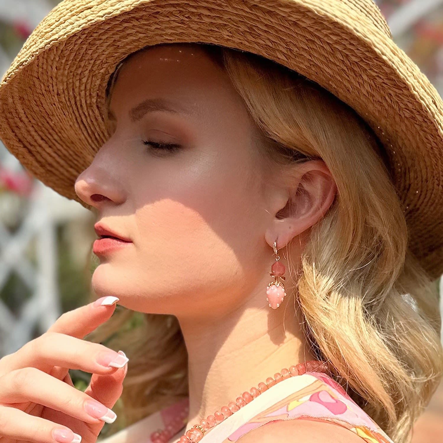 Watermelon Quartz With Strawberry Glass Dangle Earrings