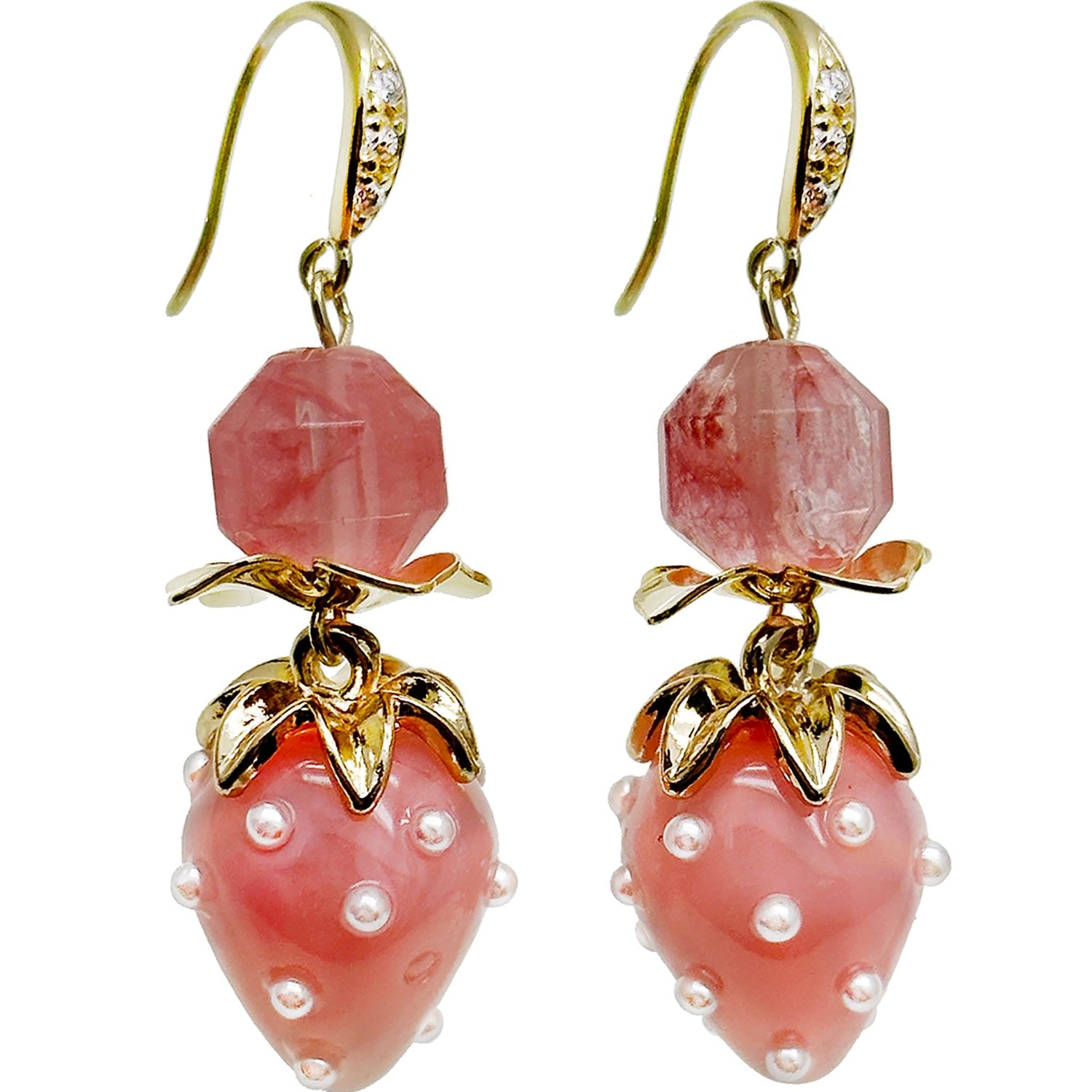 Watermelon Quartz With Strawberry Glass Dangle Earrings