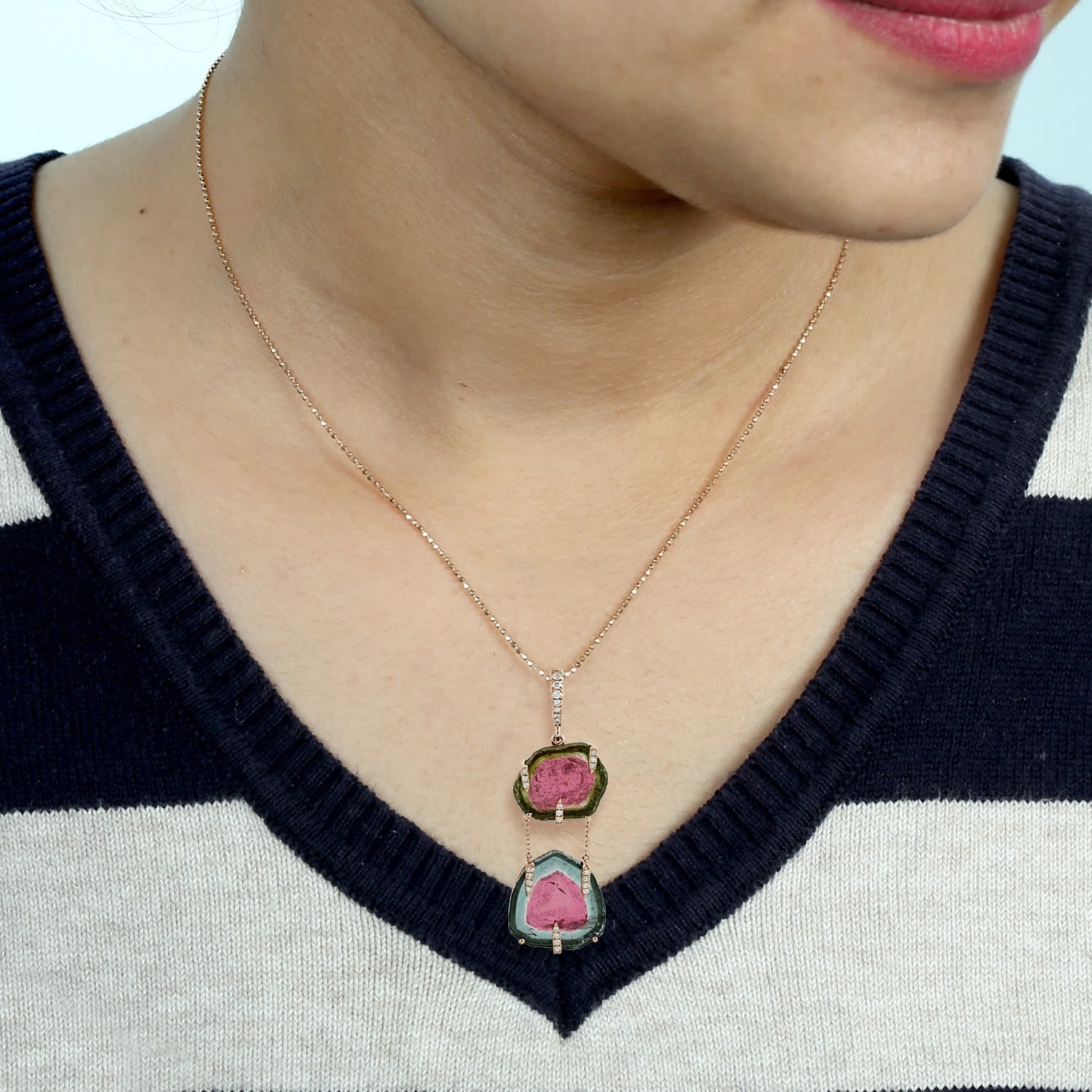 Watermelon Tourmaline & Pave Diamond Designer Pendant In 14K Rose Gold – Unique Fine Jewelry