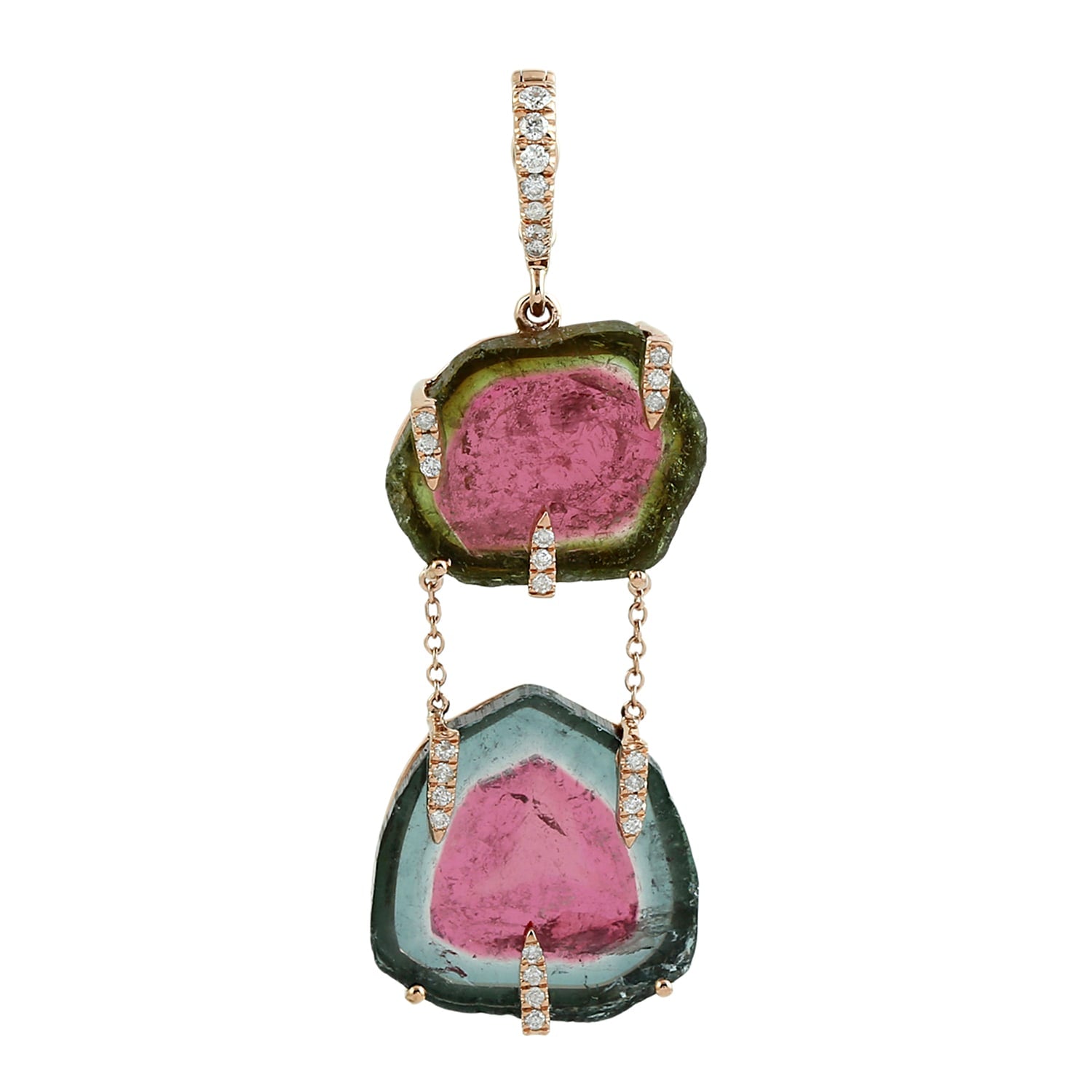 Watermelon Tourmaline & Pave Diamond Designer Pendant In 14K Rose Gold – Unique Fine Jewelry