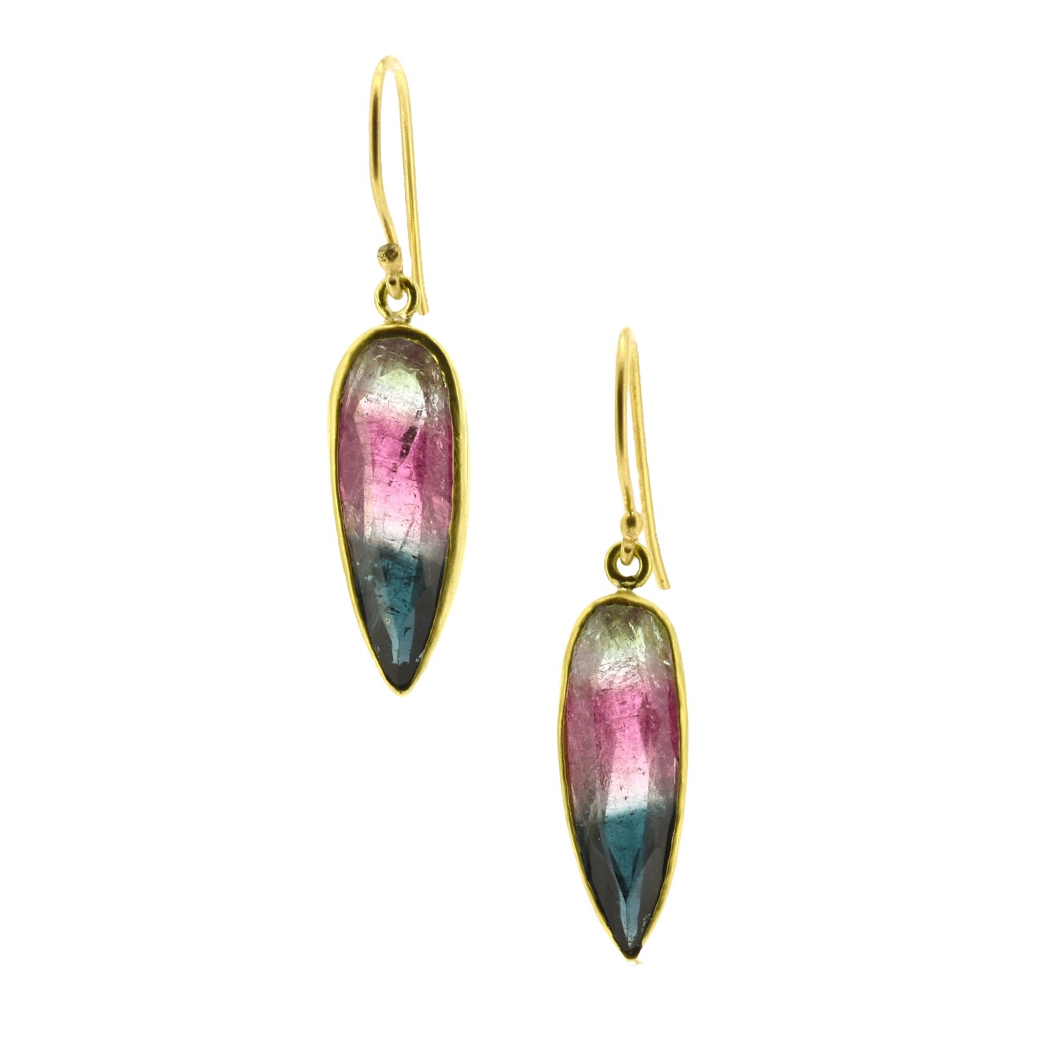 Watermelon Tourmaline Pear Gold Drop Earrings
