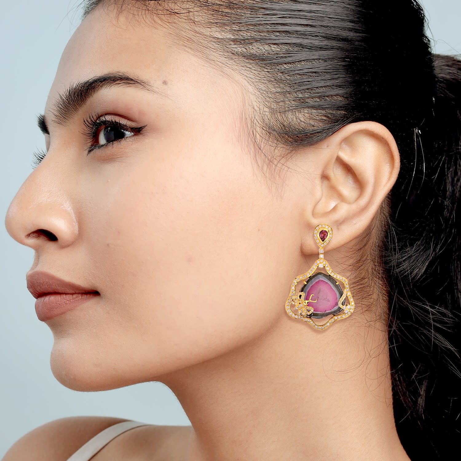 "Watermelon Tourmaline Slice Drop Earrings In Gold With Diamond Butterfly Accents"