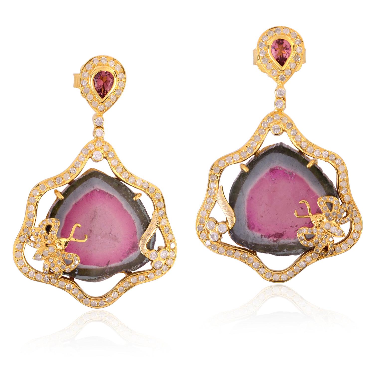 "Watermelon Tourmaline Slice Drop Earrings In Gold With Diamond Butterfly Accents"