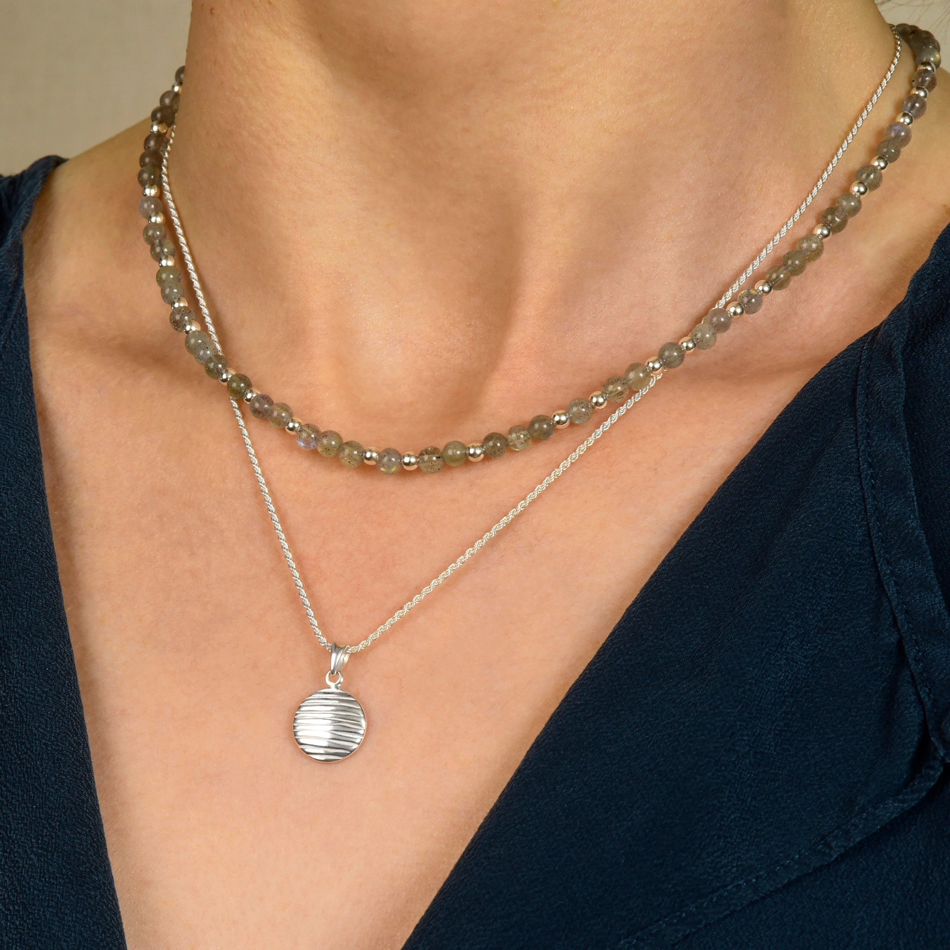 Wave Disc Necklace Sterling Silver