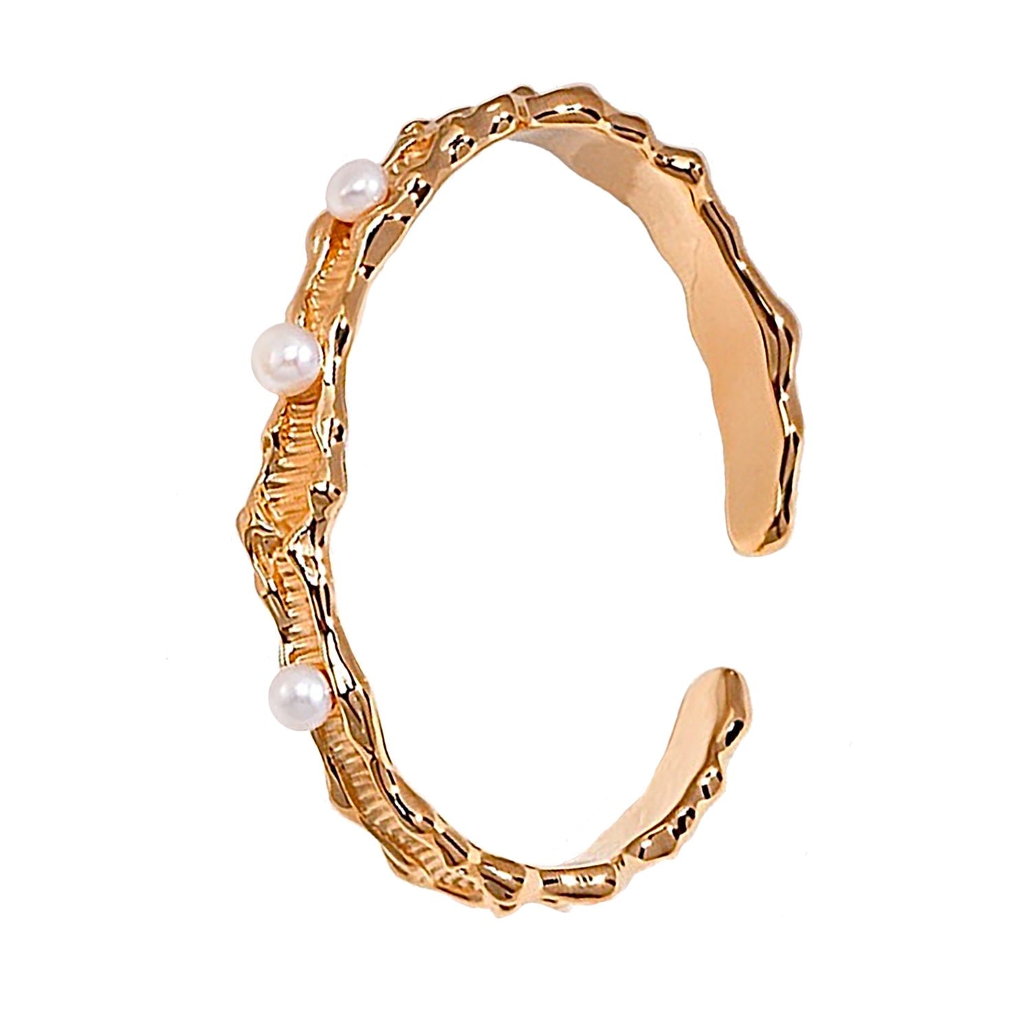 Wave Shaped 18K Gold Plated Sterling Silver With Pearls Open Bangle