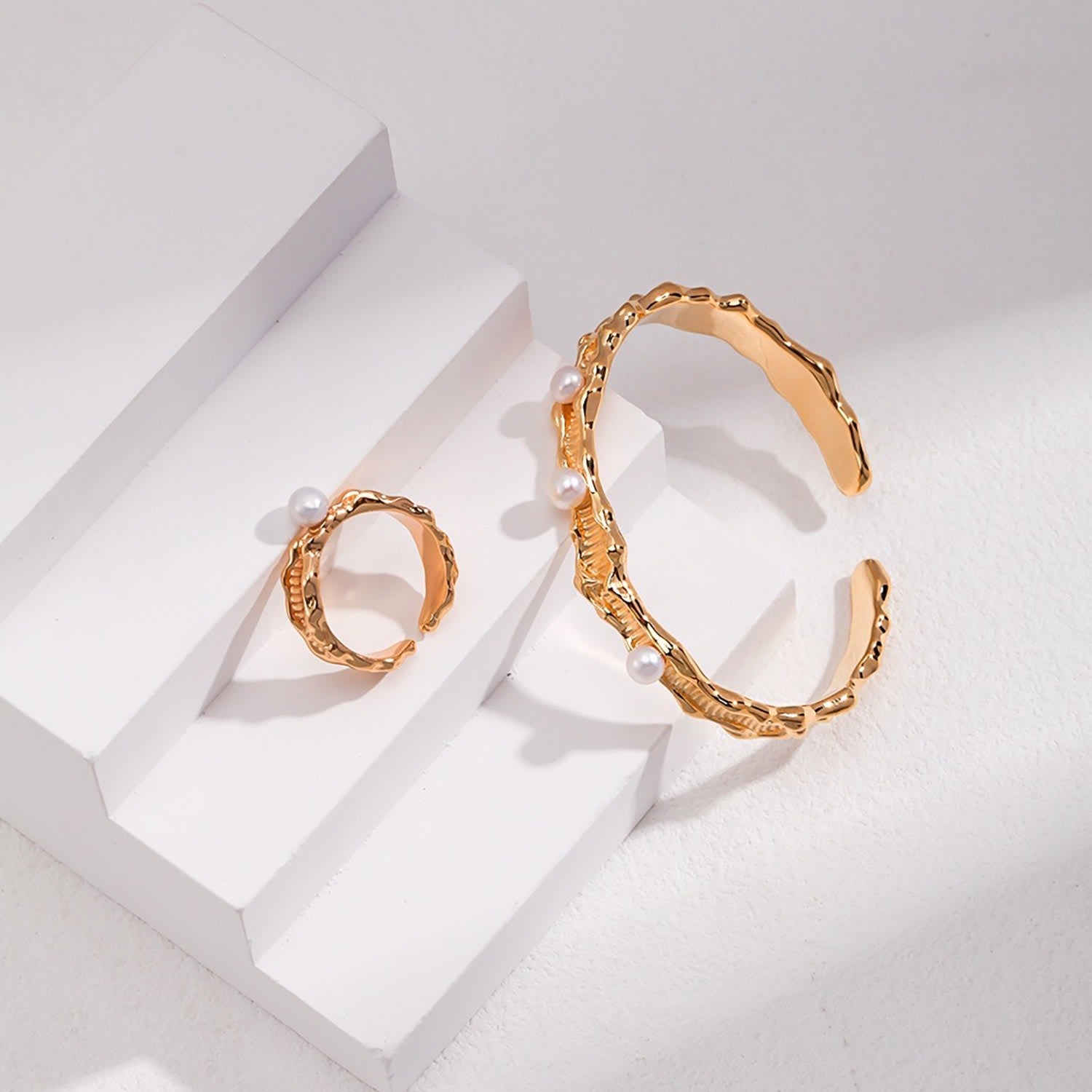 Wave Shaped 18K Gold Plated Sterling Silver With Pearls Open Bangle