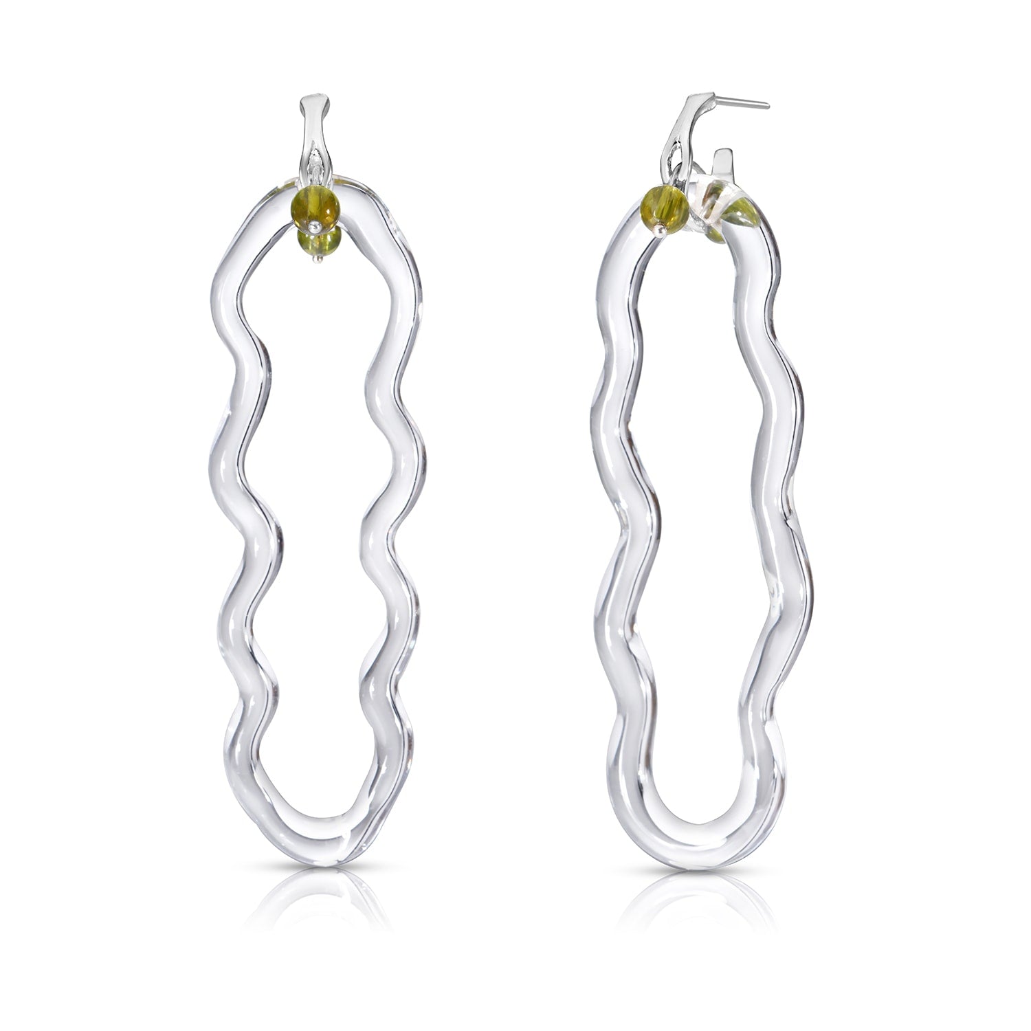 Wavy Earrings With Glass Link - Light Green Tourmaline |October Birthstone| & Sterling Silver