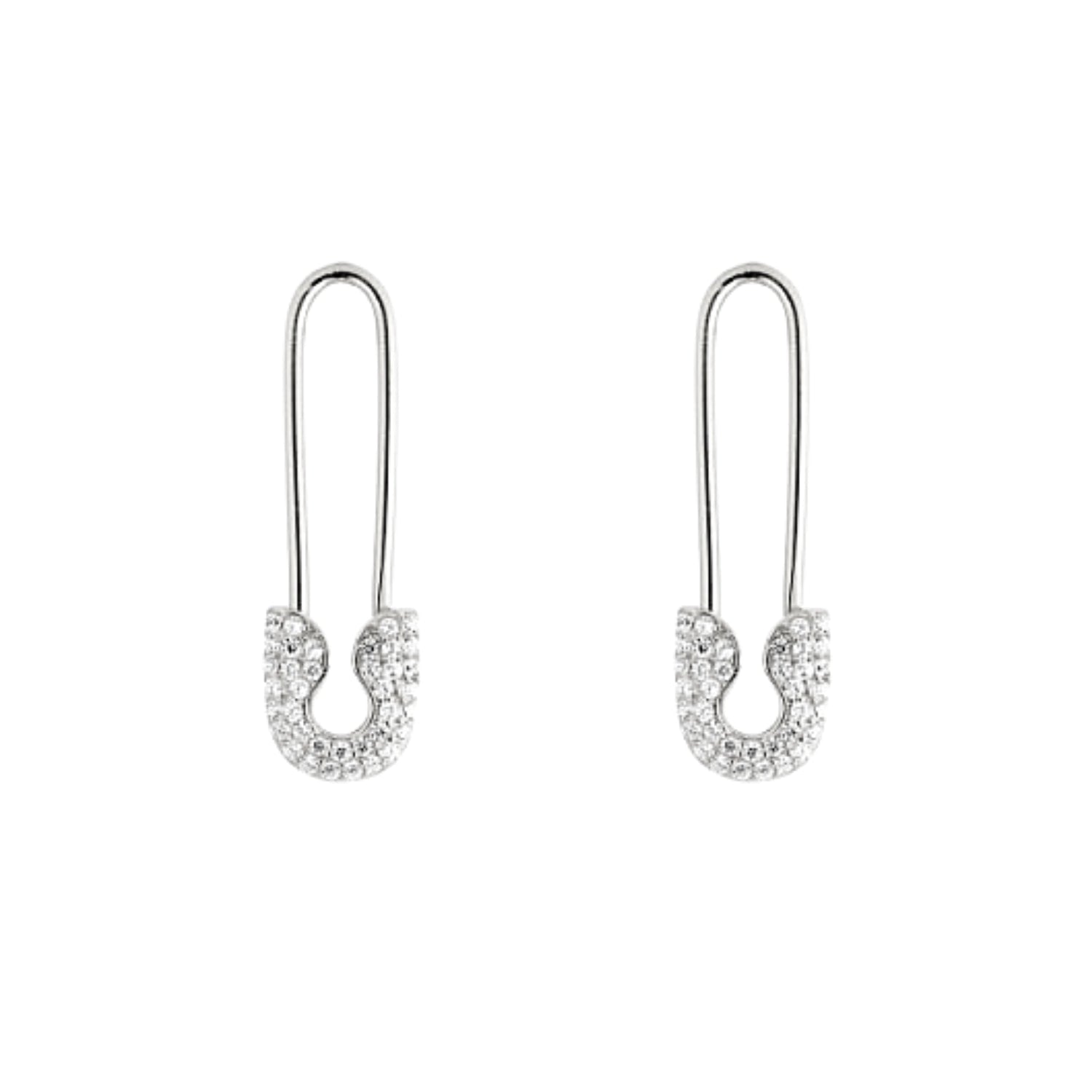 Pave Safety Pin Earrings Jewelled Sterling Silver - Silver