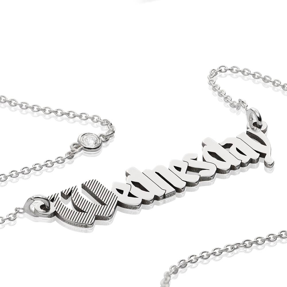 Wednesday Textured Gothic Name Necklace with Diamond in Sterling Silver