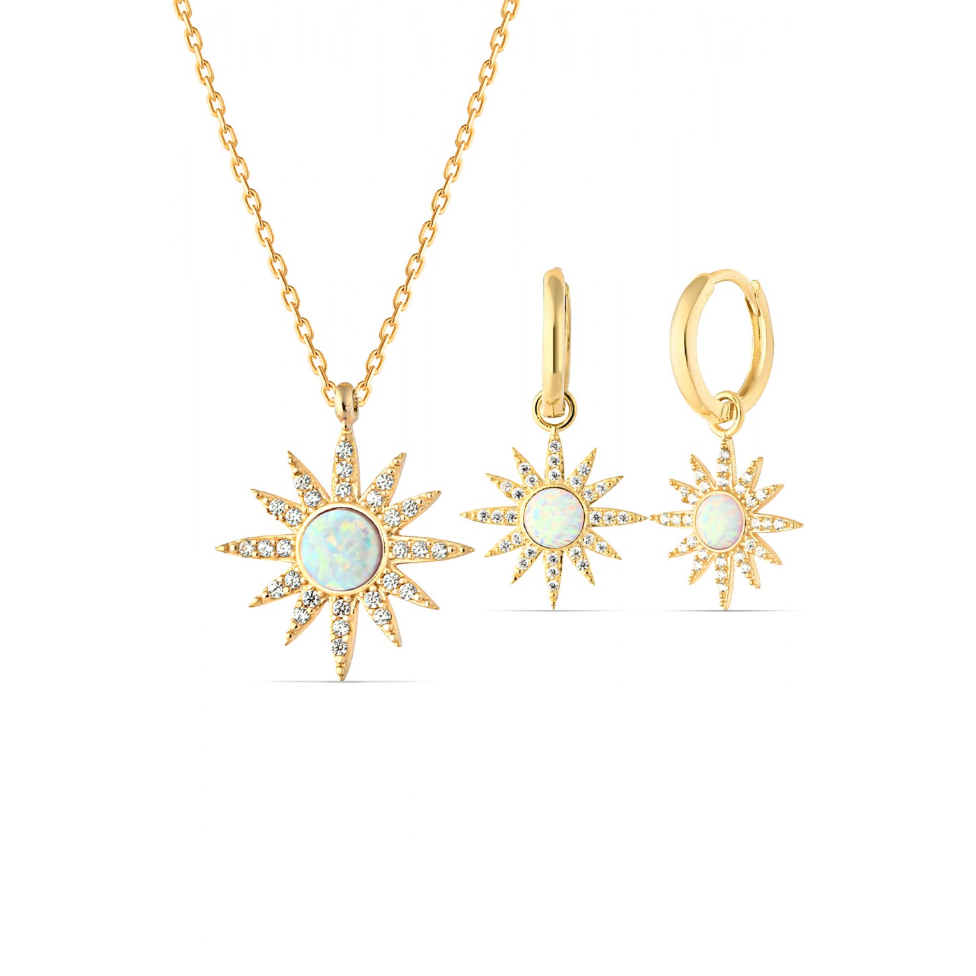 White Opal Sun Sterling Silver Necklace & Earring Set - Gold