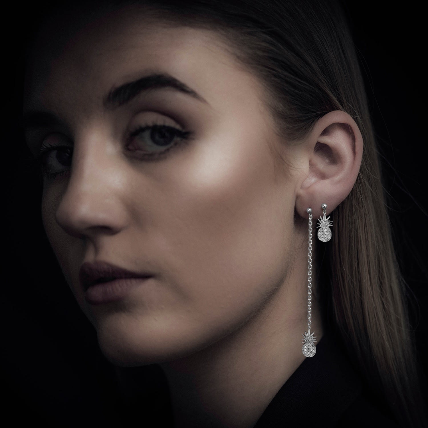 Silver Pineapple Single Long Drop Earring