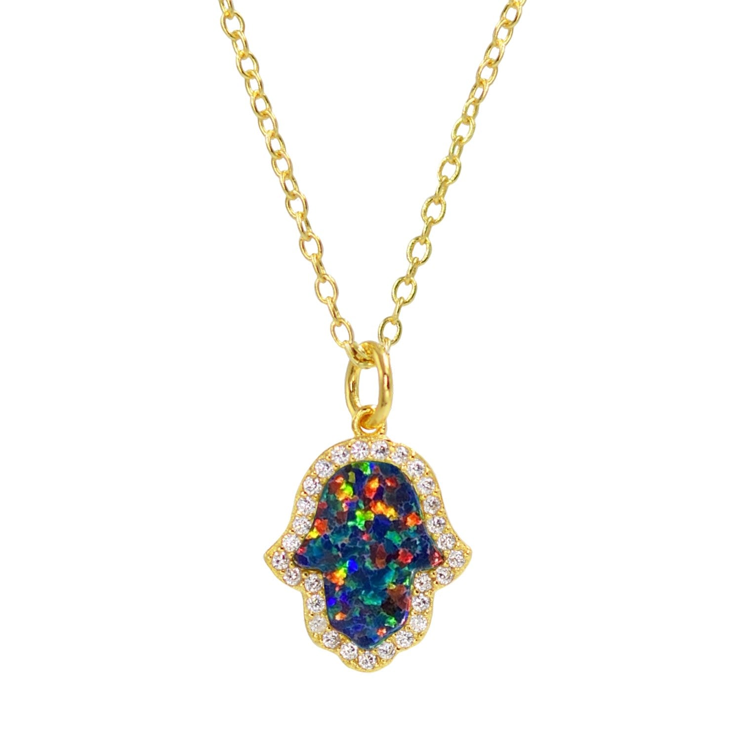 Opal Hamsa Hand Necklace In Black Opal