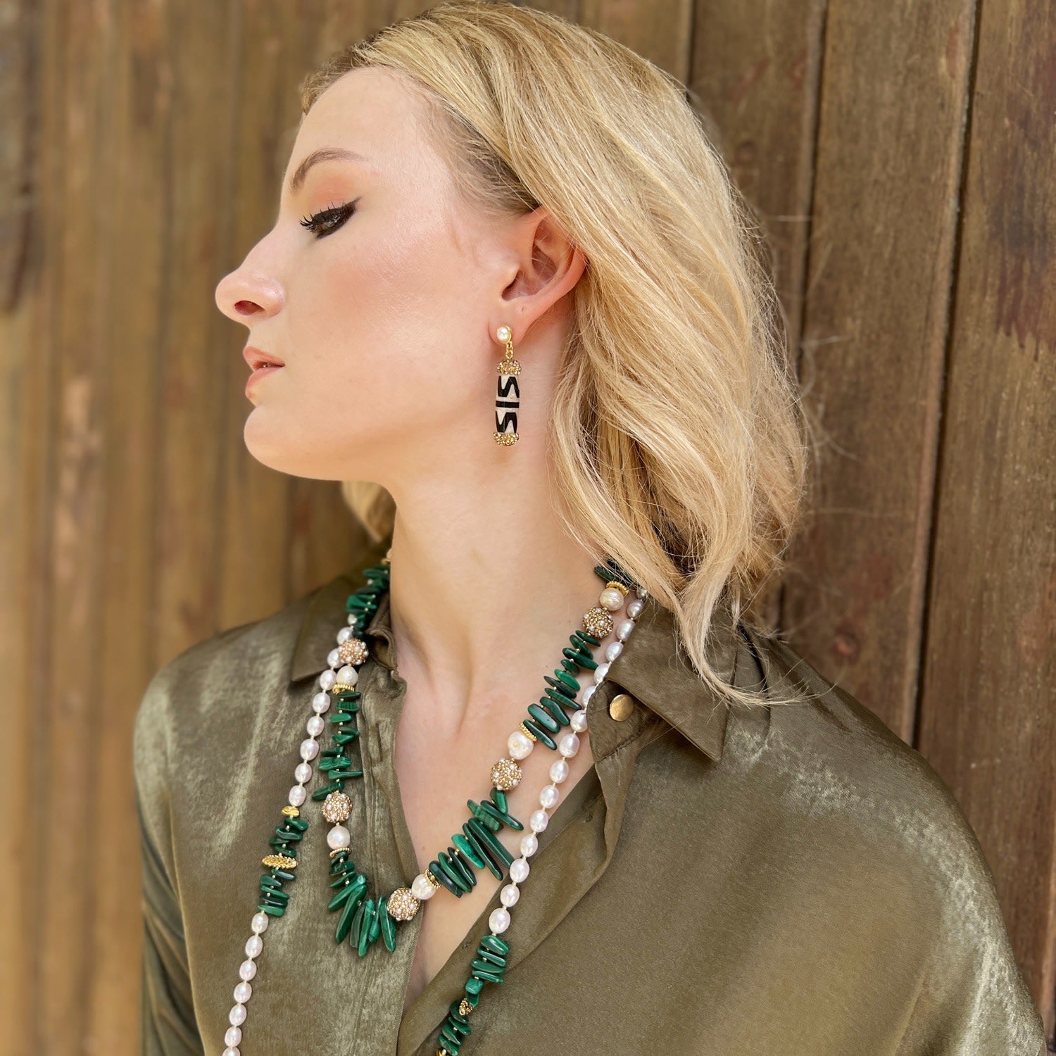 Malachite With Freshwater Pearls And Rhinestones Statement Necklace