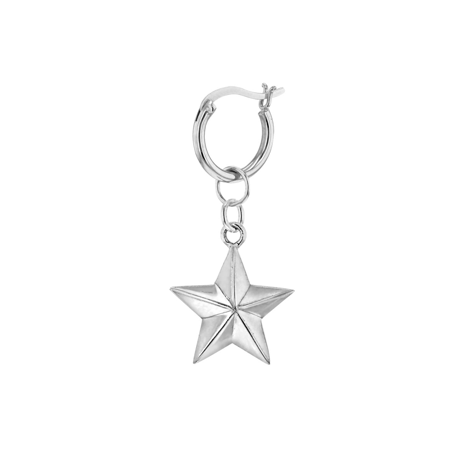 Sterling Silver & Rhodium Plated Star, Hung On A Sterling Silver Hoop Earring