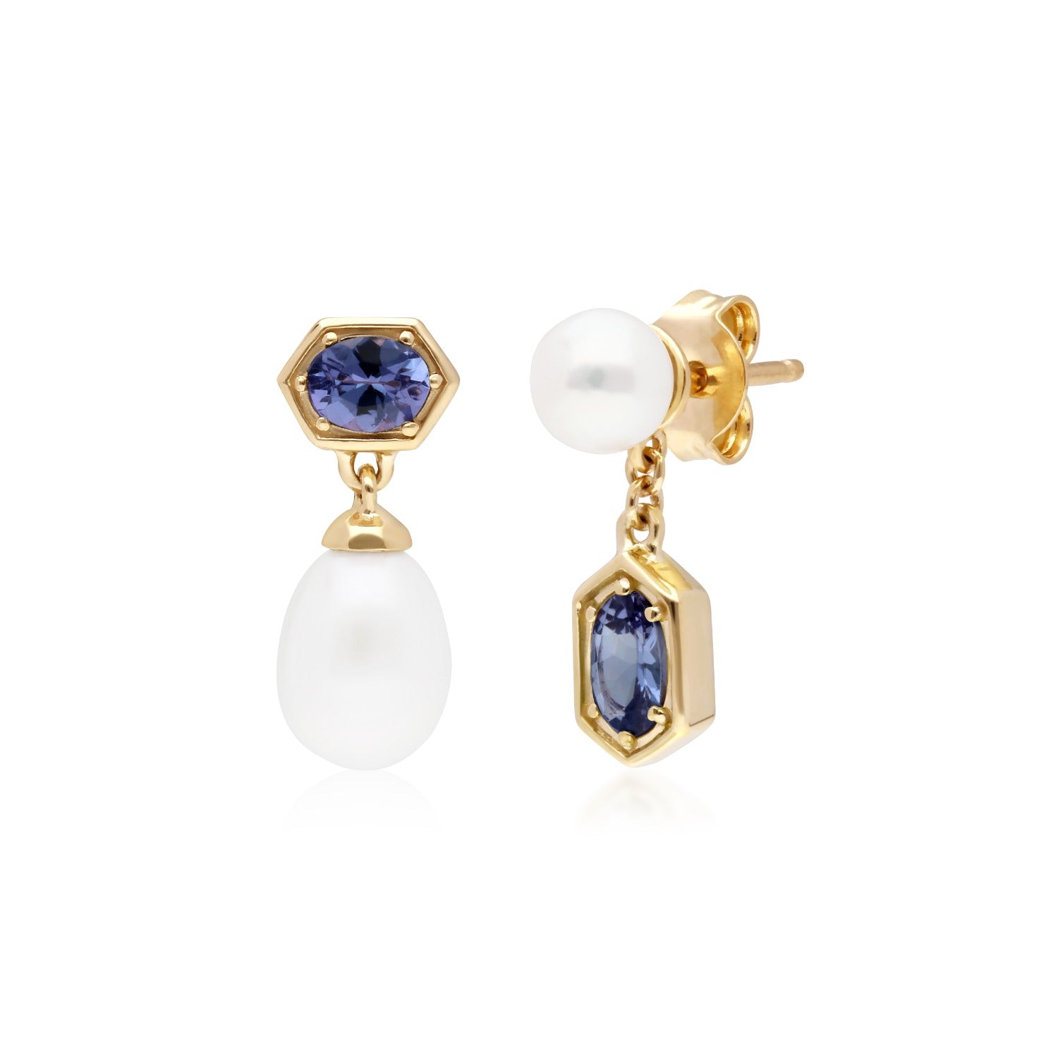 Modern Pearl Tanzanite Mismatched Drop Earrings