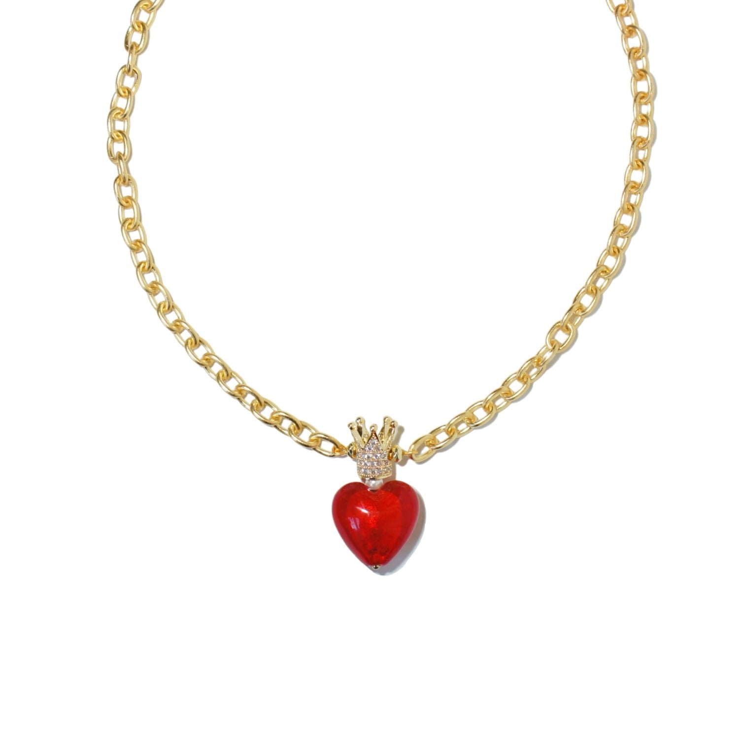 Whisper Of Heart Chunky Golden Chain Necklace With Crystal Embellished Crown And Glass Heart