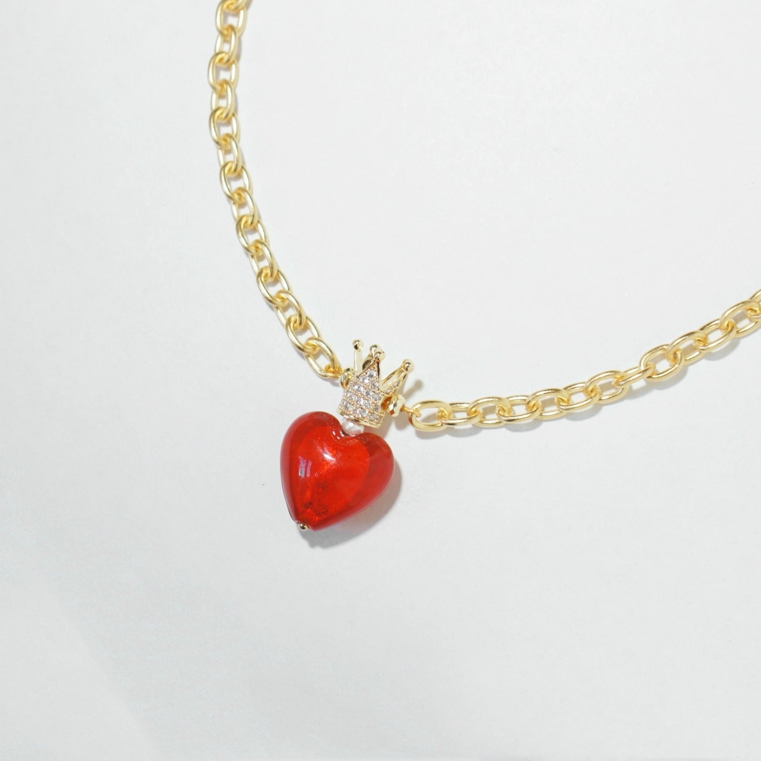Whisper Of Heart Chunky Golden Chain Necklace With Crystal Embellished Crown And Glass Heart
