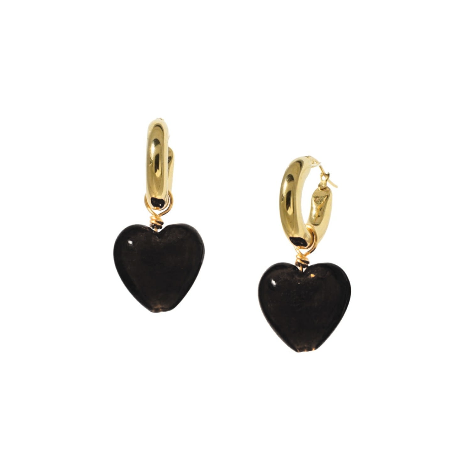 Whisper Of Heart Chunky Golden Hoop Earrings With Detachable Glass Heart Charm, Opaque Black