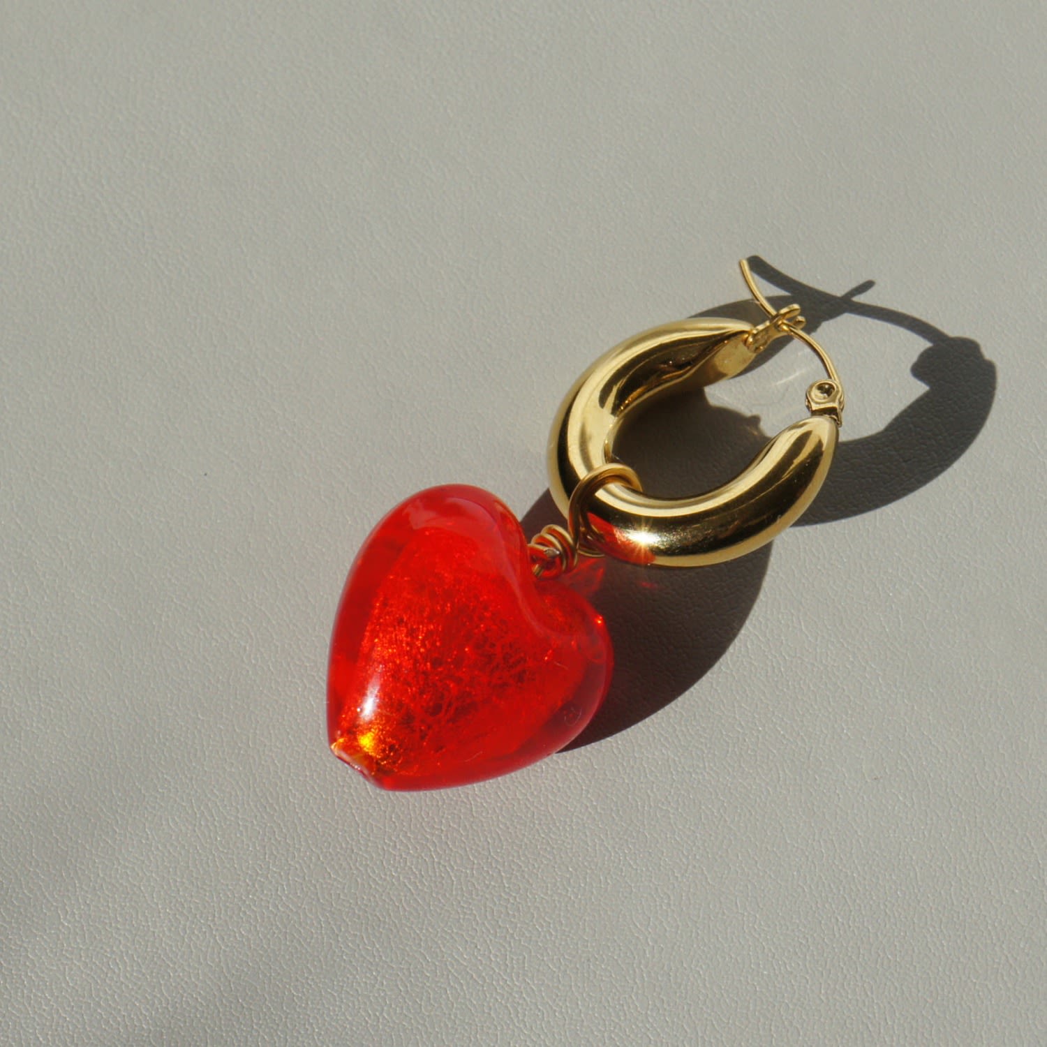 Whisper Of Heart Chunky Golden Hoop Earrings With Detachable Glass Heart Charm, Red