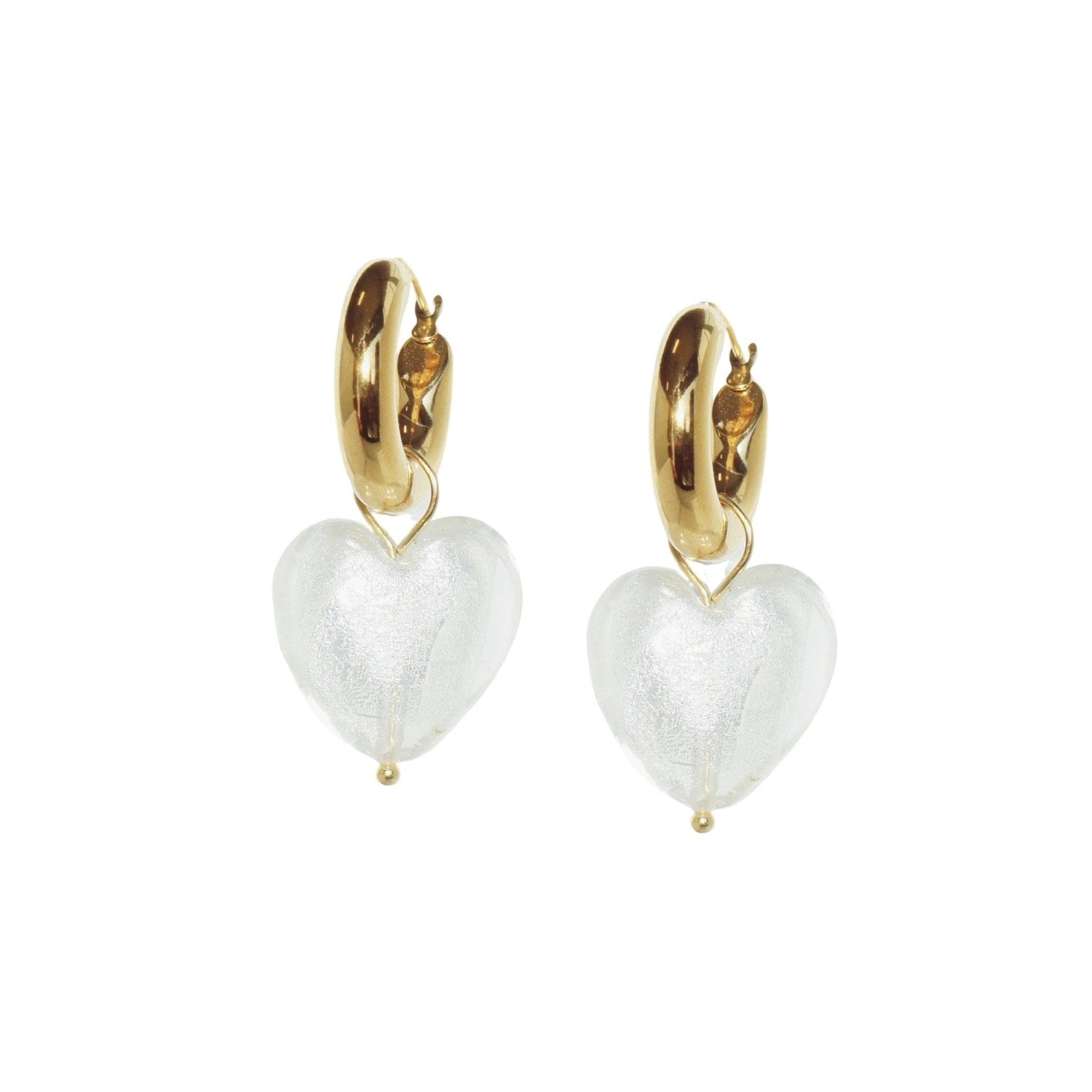 Whisper Of Heart Chunky Golden Hoop Earrings With Detachable Glass Heart Charm, Silver Clear