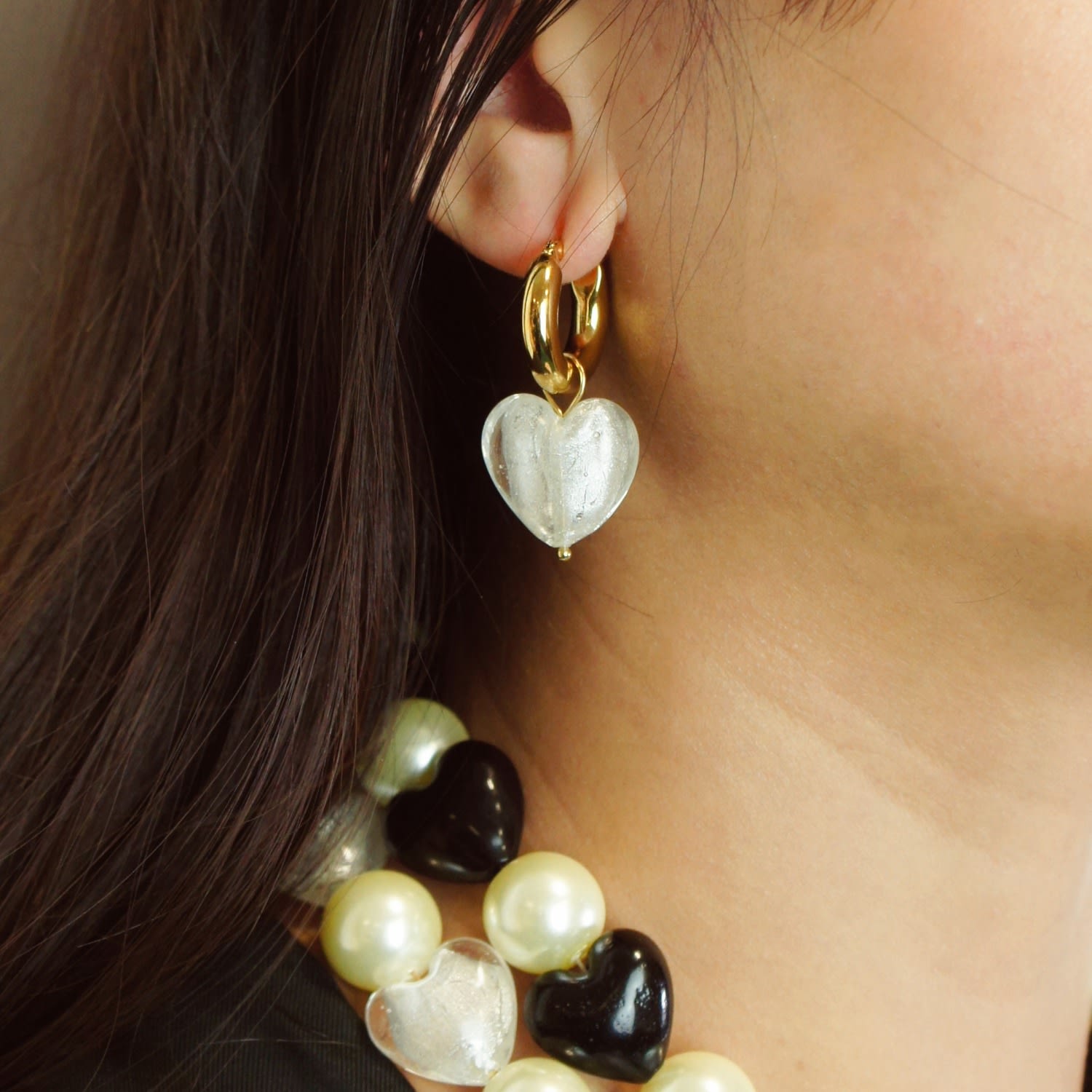 Whisper Of Heart Chunky Golden Hoop Earrings With Detachable Glass Heart Charm, Silver Clear