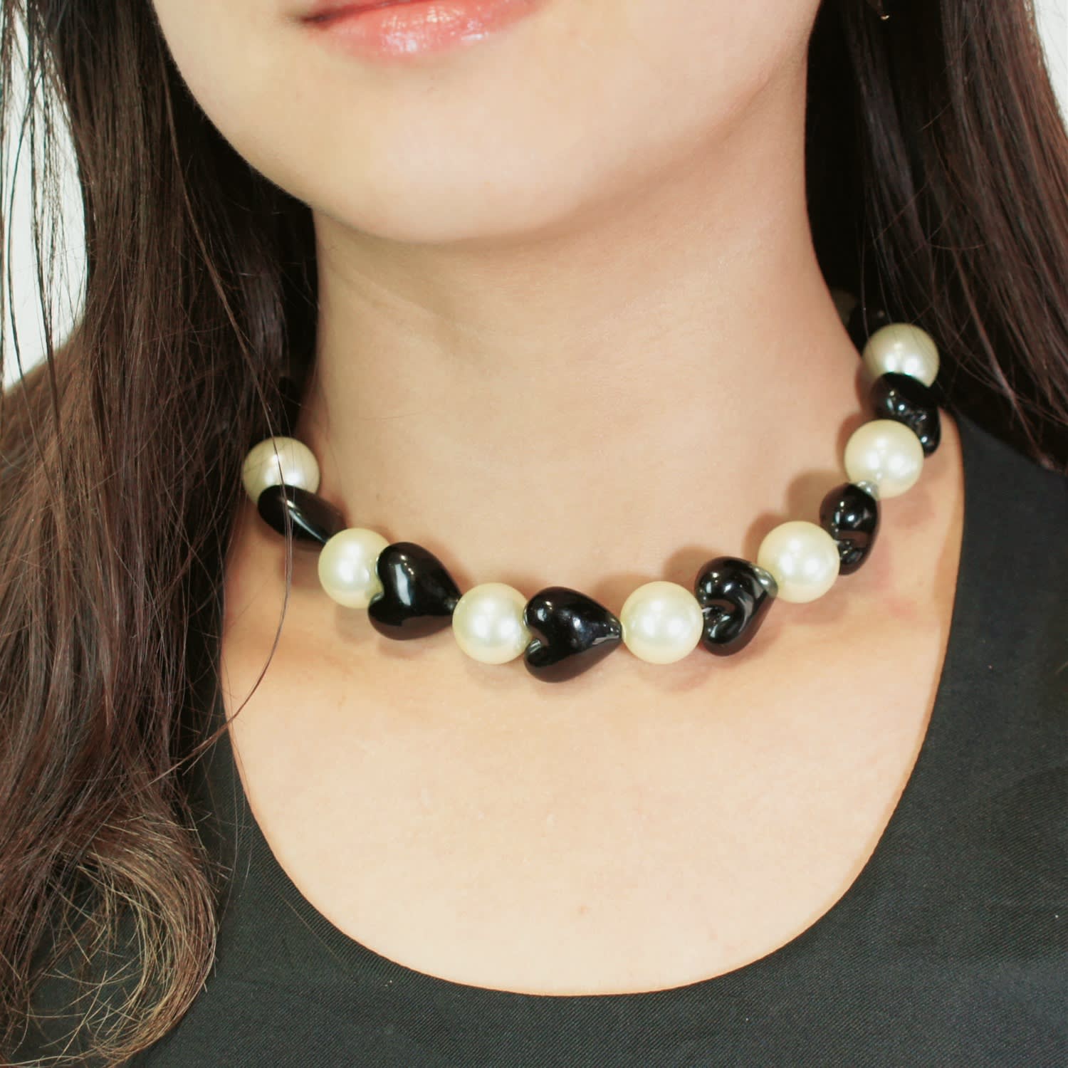 Whisper Of Heart Glass Heart And Jumbo Pearl Necklace, Opaque Black