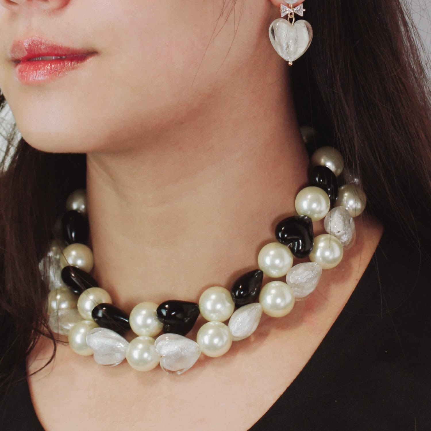 Whisper Of Heart Glass Heart And Jumbo Pearl Necklace, Clear & Silver