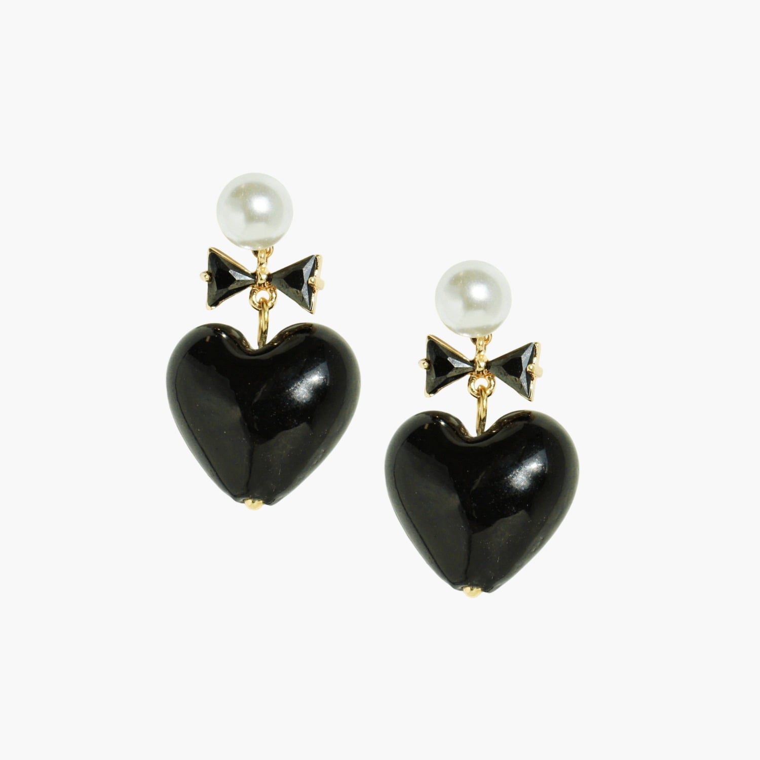 Whisper Of Heart Glass Heart Drop Earrings With Pearl Studs And Crystal Bow, Black Opaque
