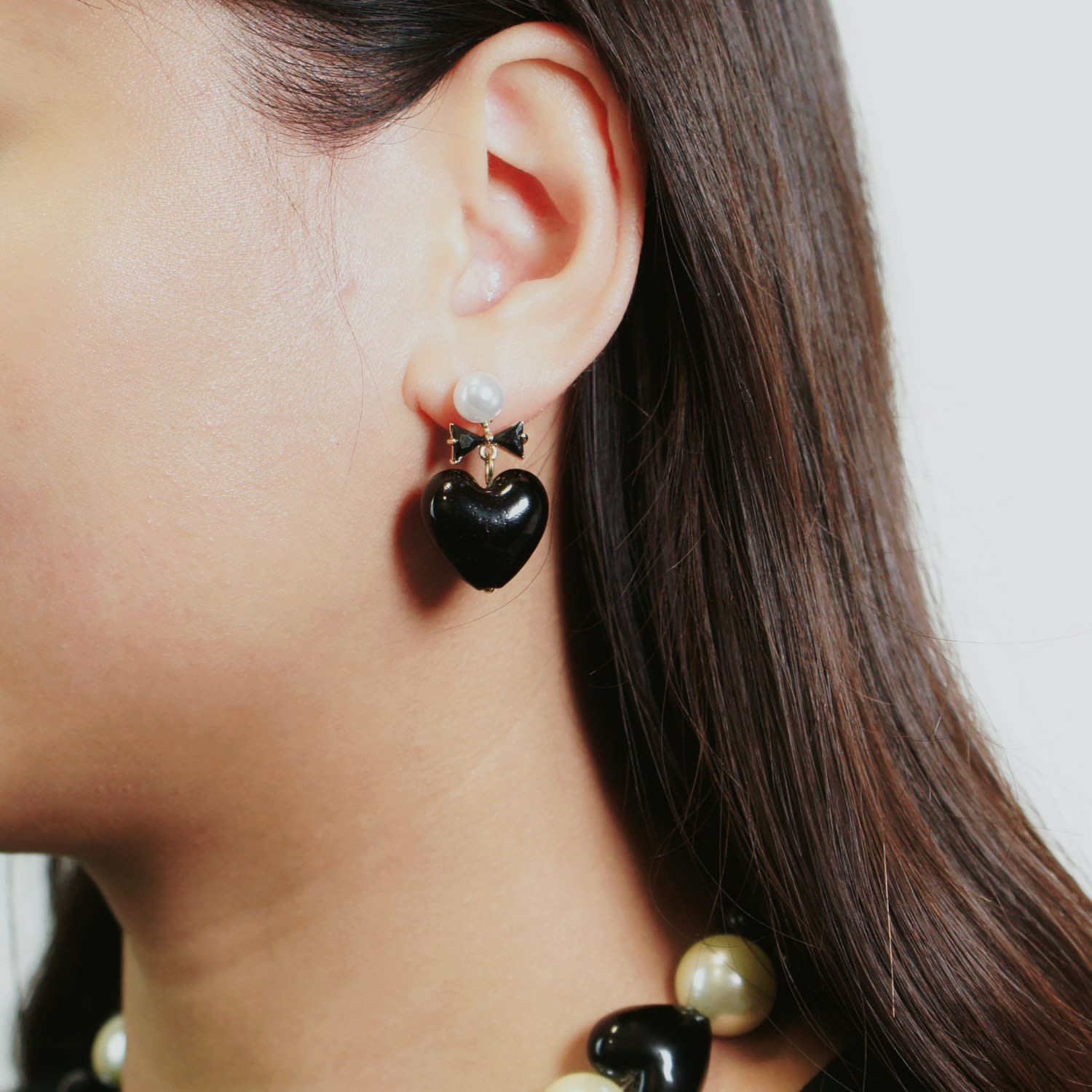 Whisper Of Heart Glass Heart Drop Earrings With Pearl Studs And Crystal Bow, Black Opaque