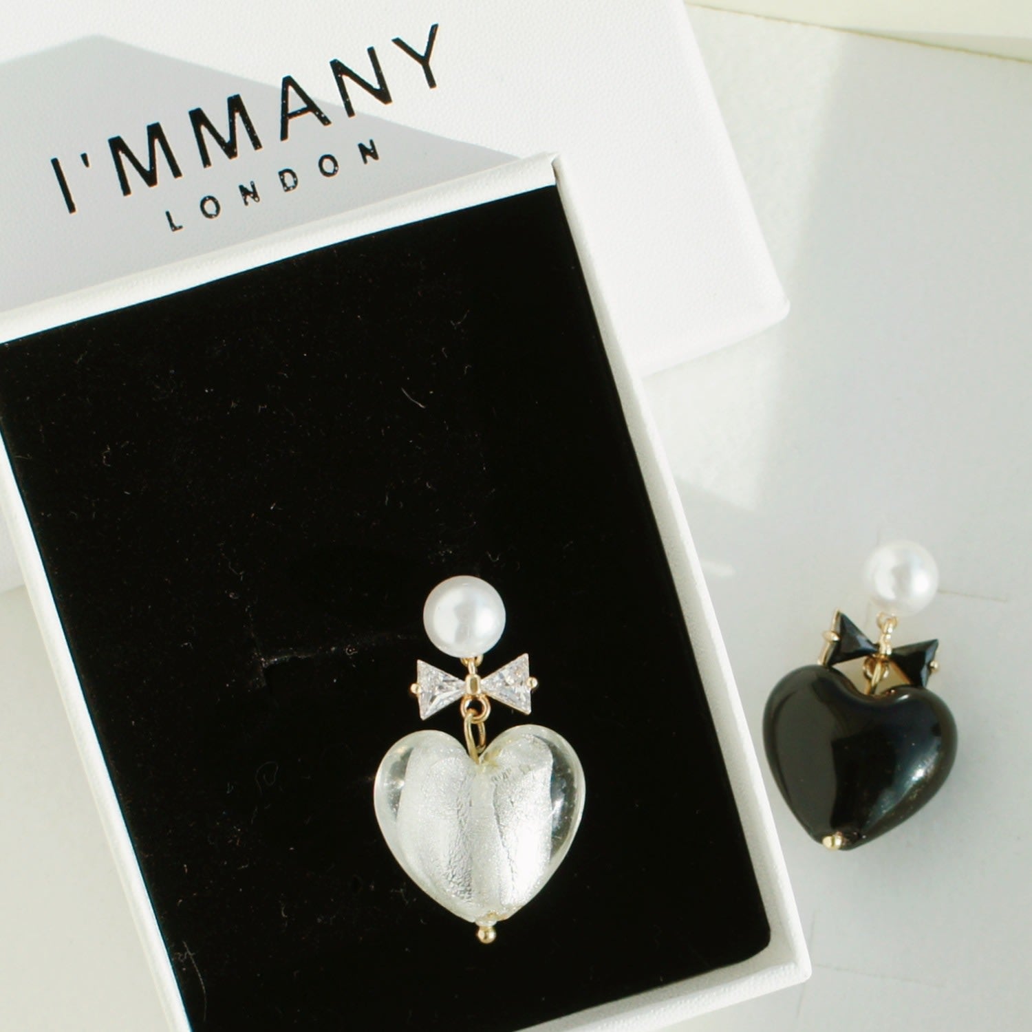 Whisper Of Heart Lampwork Glass Heart Drop Earrings With Pearl Studs And Crystal Bow, Silver Clear