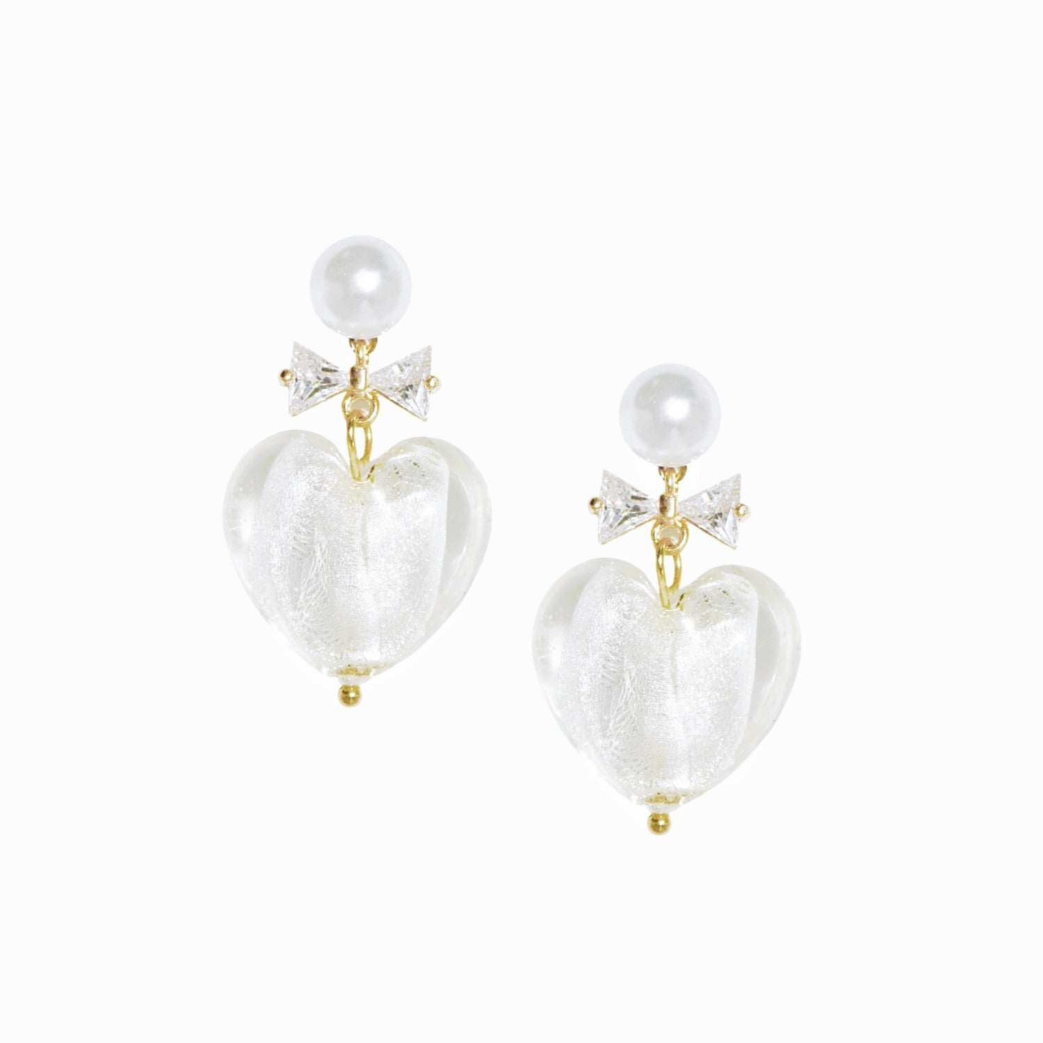 Whisper Of Heart Lampwork Glass Heart Drop Earrings With Pearl Studs And Crystal Bow, Silver Clear