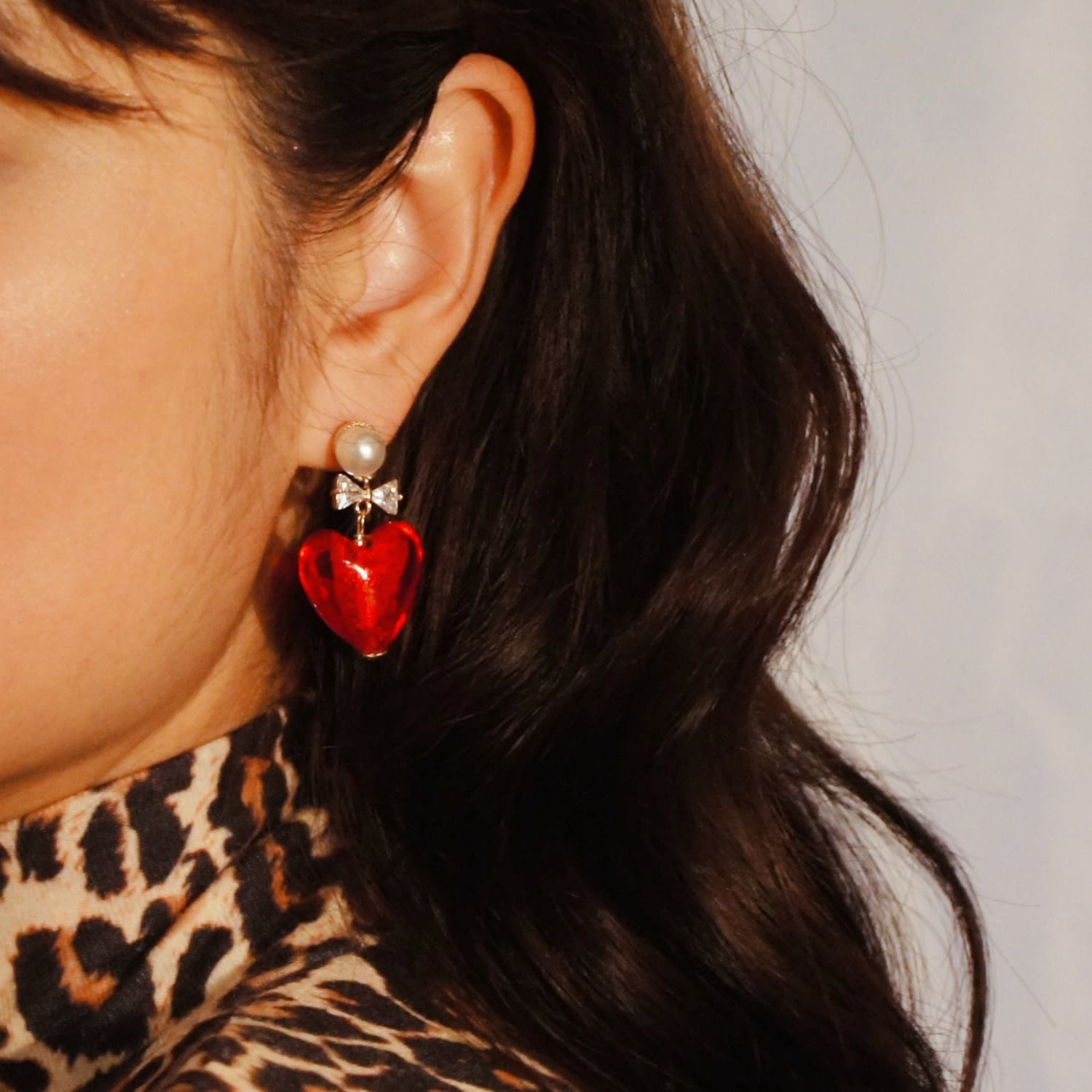 Whisper Of Heart Lampwork Glass Heart Drop Earrings With Pearl Studs, Red