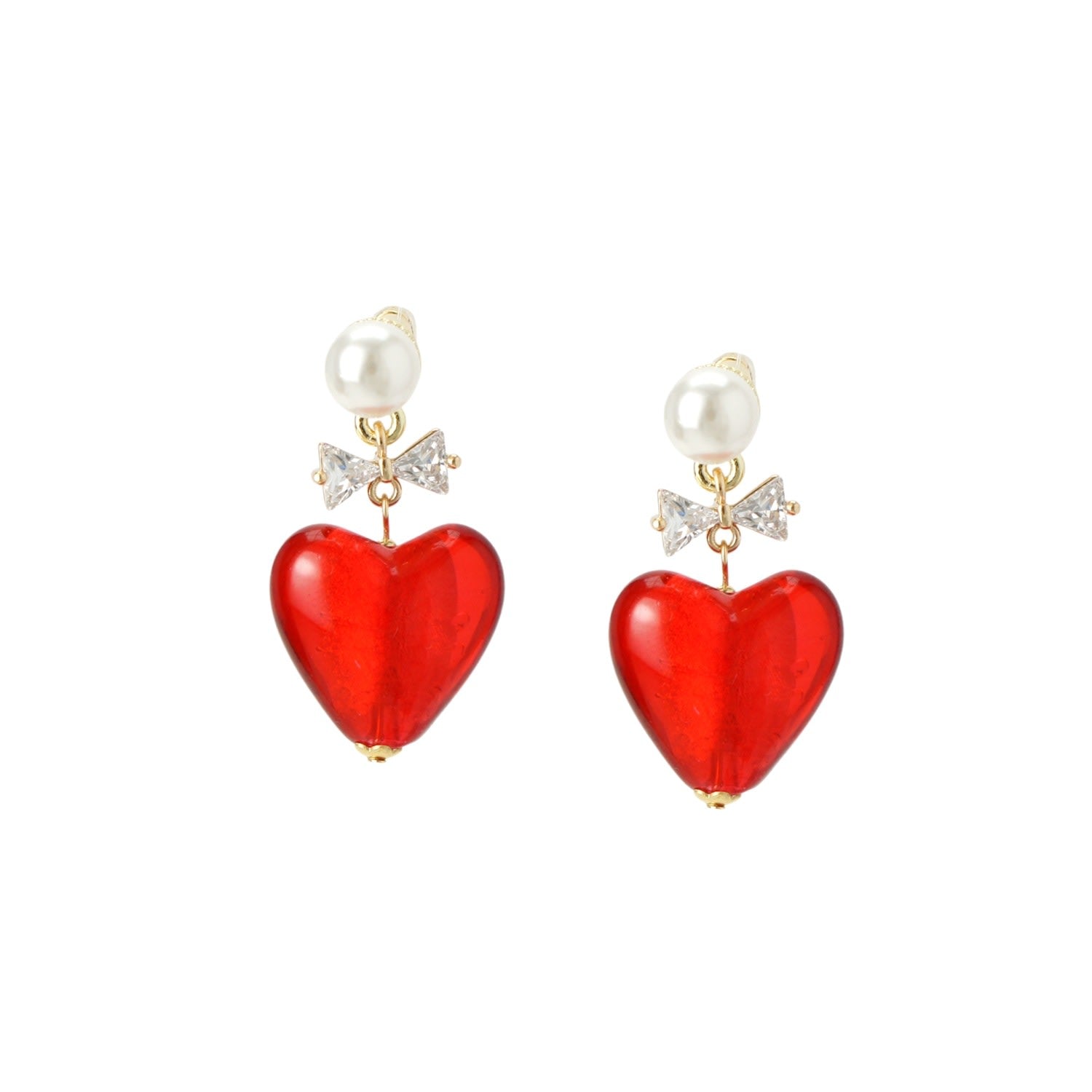 Whisper Of Heart Lampwork Glass Heart Drop Earrings With Pearl Studs, Red