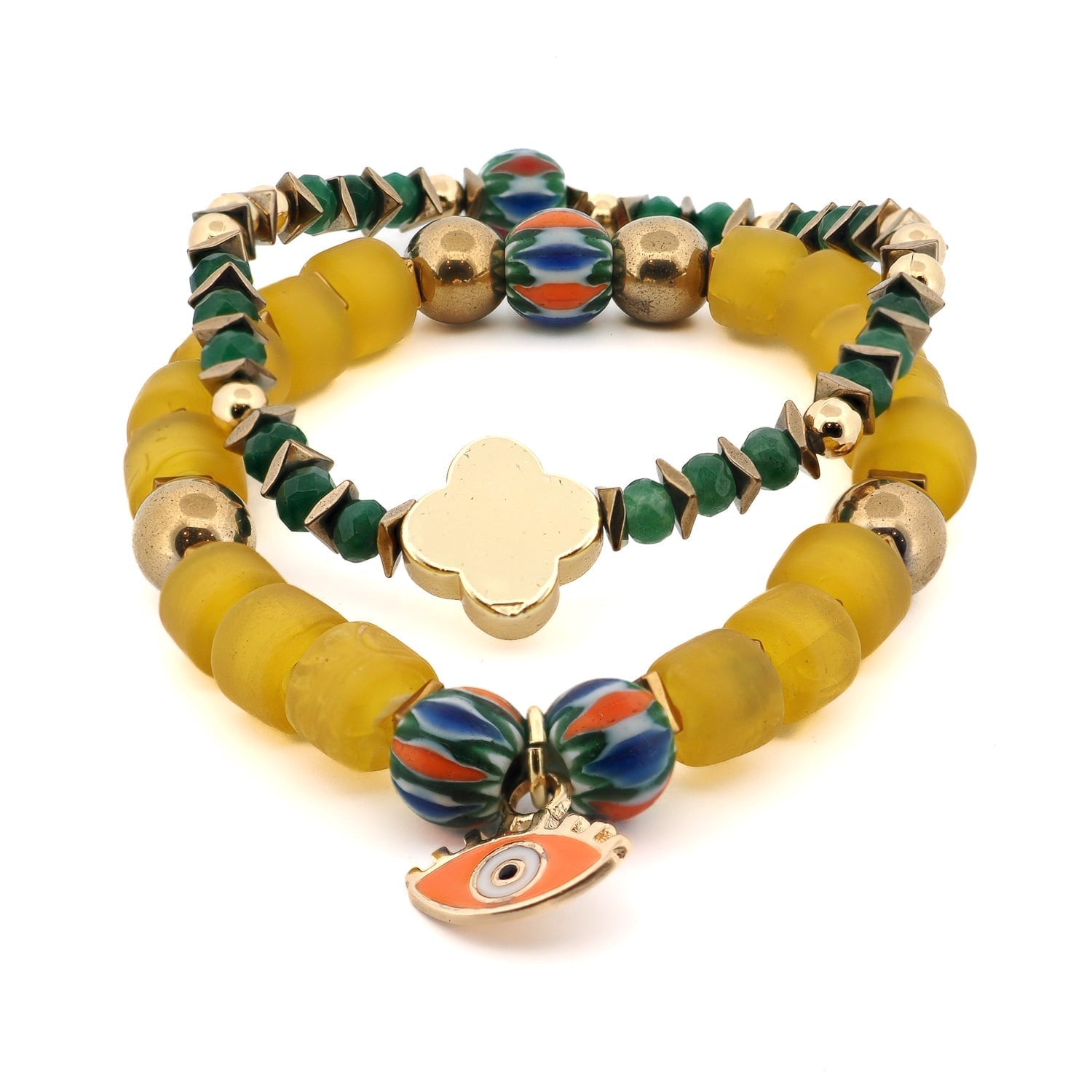 Whispers Of The Evil Eye Beaded Bracelet Set - Yellow