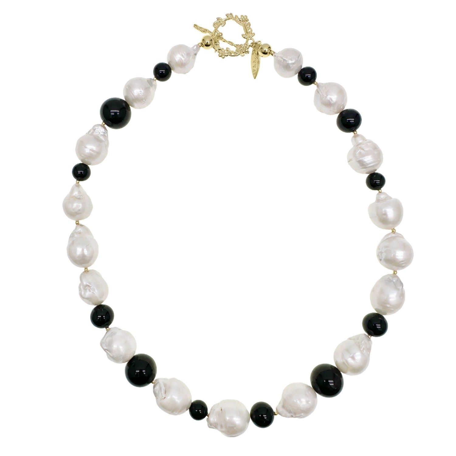 White Baroque Pearls With Black Obsidian Chunky Necklace