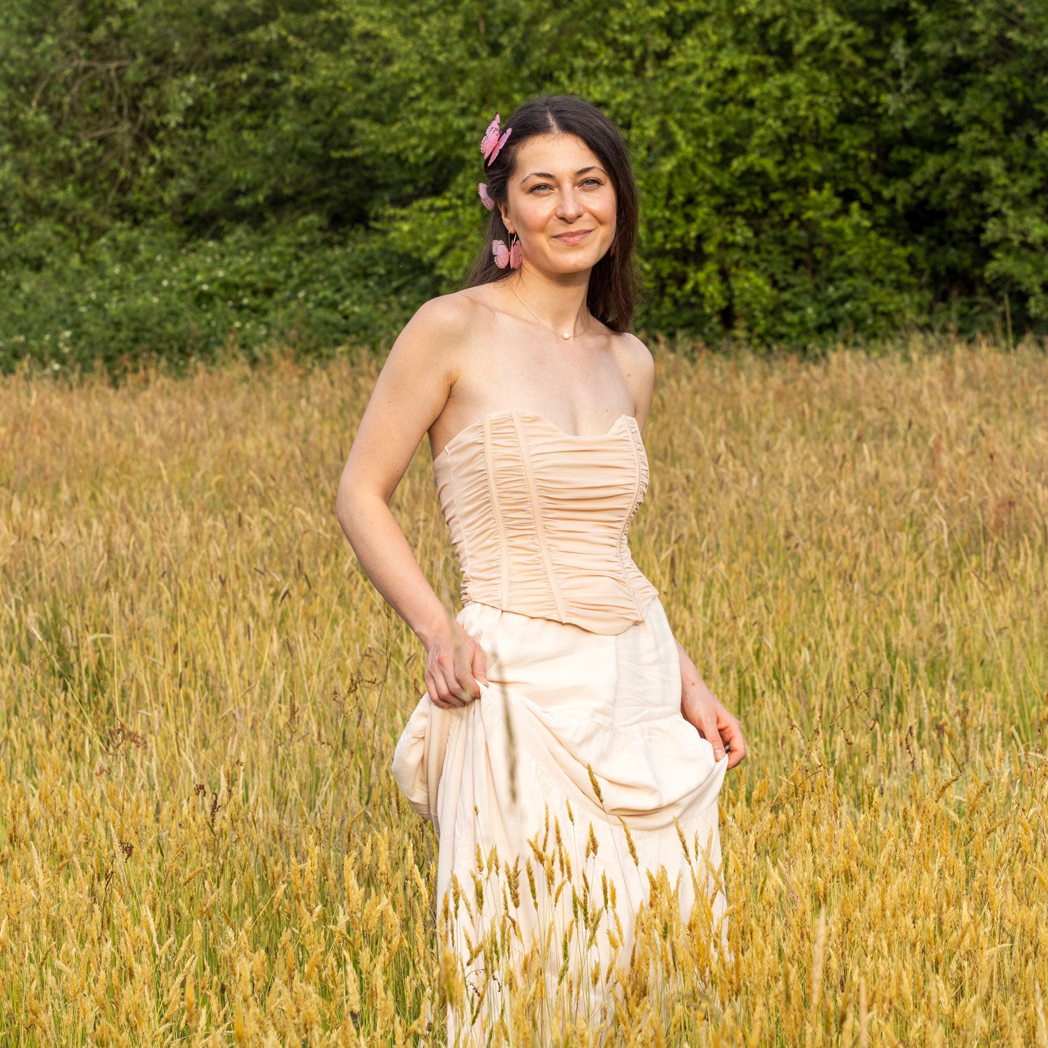 Pink Silk Butterfly Dangle Drop Earrings Gold Earwires
