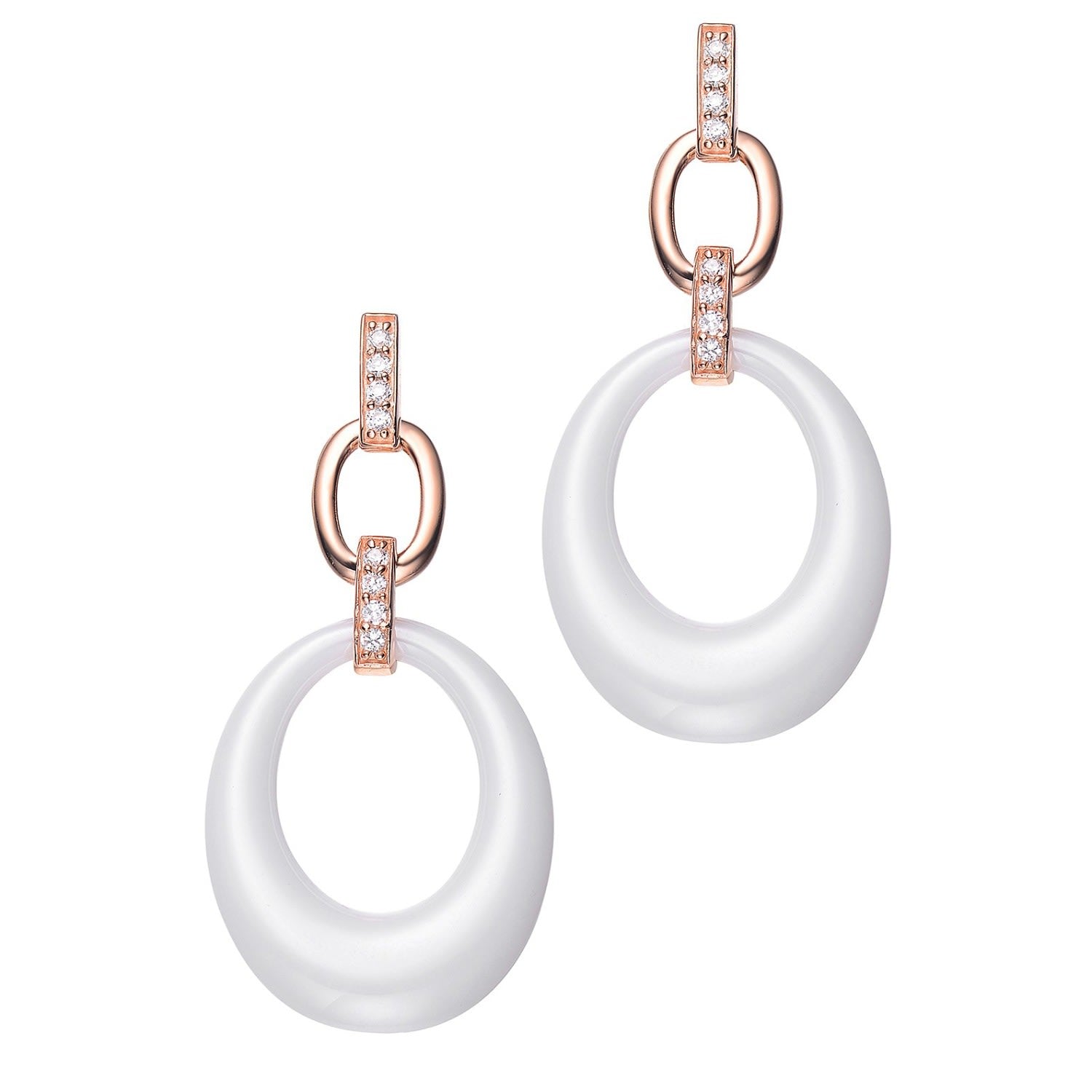 Rose Gold Plated With Clear Cubic Zirconia White Ceramic Oval Drop Earring